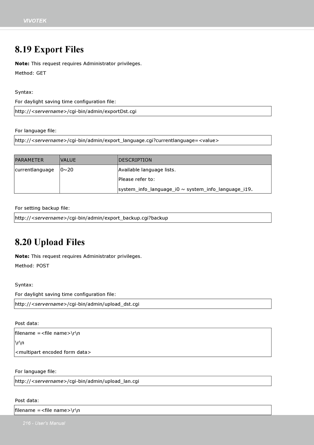 Vivotek SF8172 user manual Export Files, Upload Files 