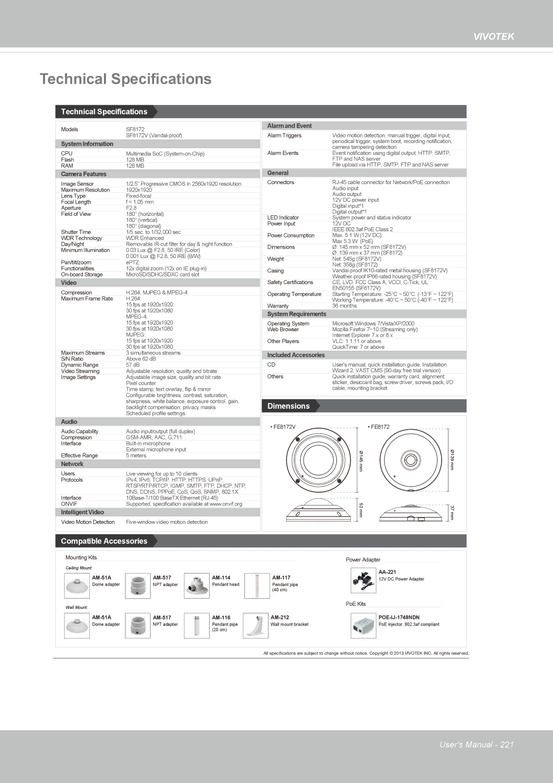 Vivotek SF8172 user manual Technical Specifications 