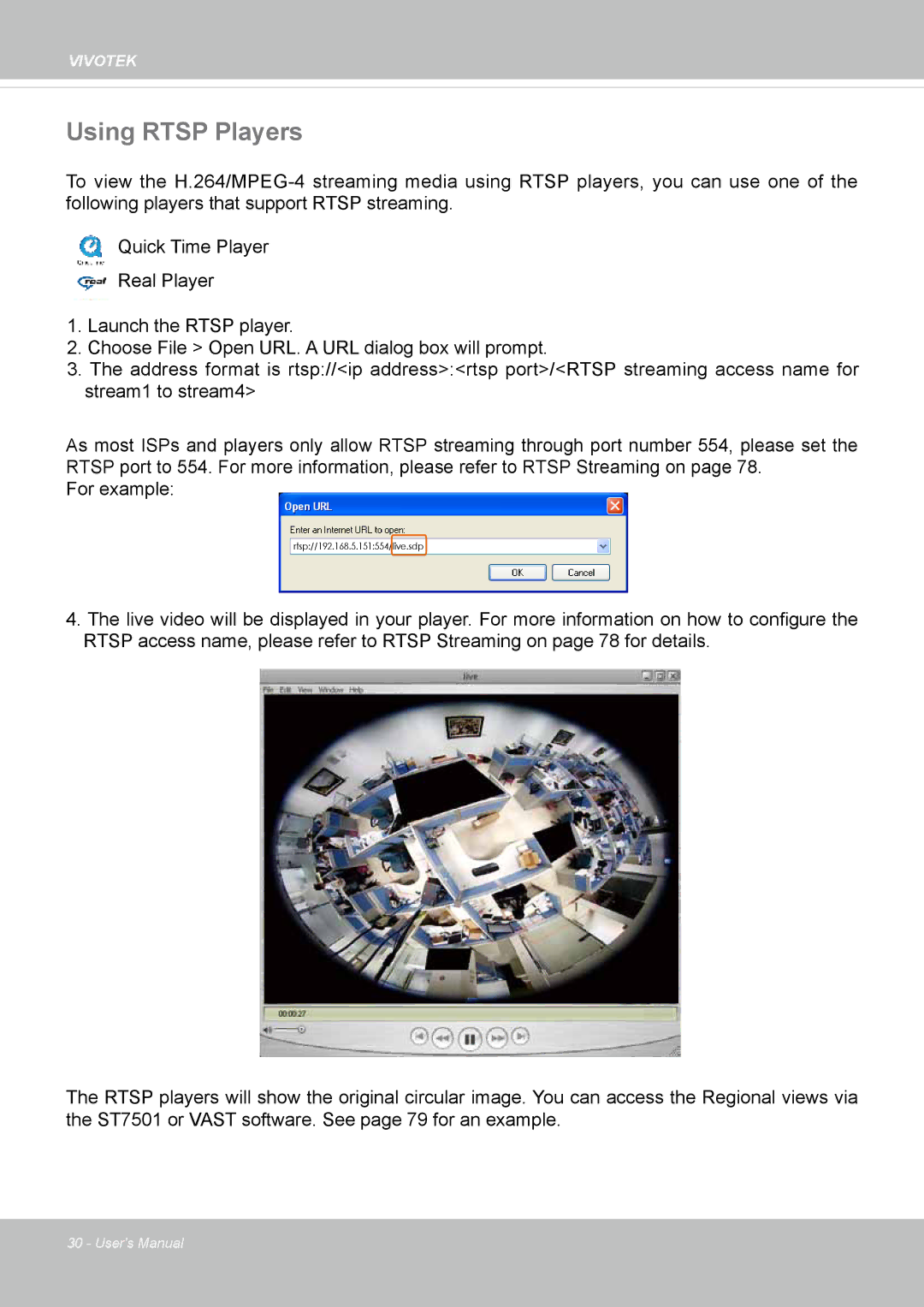 Vivotek SF8172 user manual Using Rtsp Players 