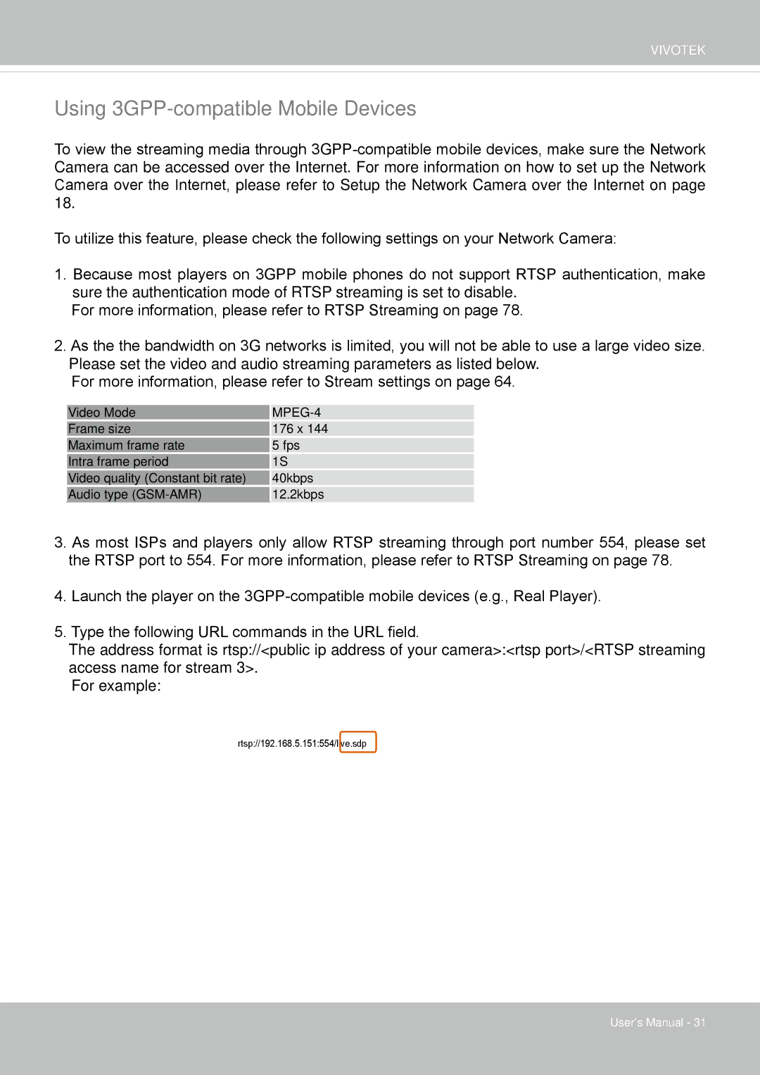 Vivotek SF8172 user manual Using 3GPP-compatible Mobile Devices, MPEG-4 