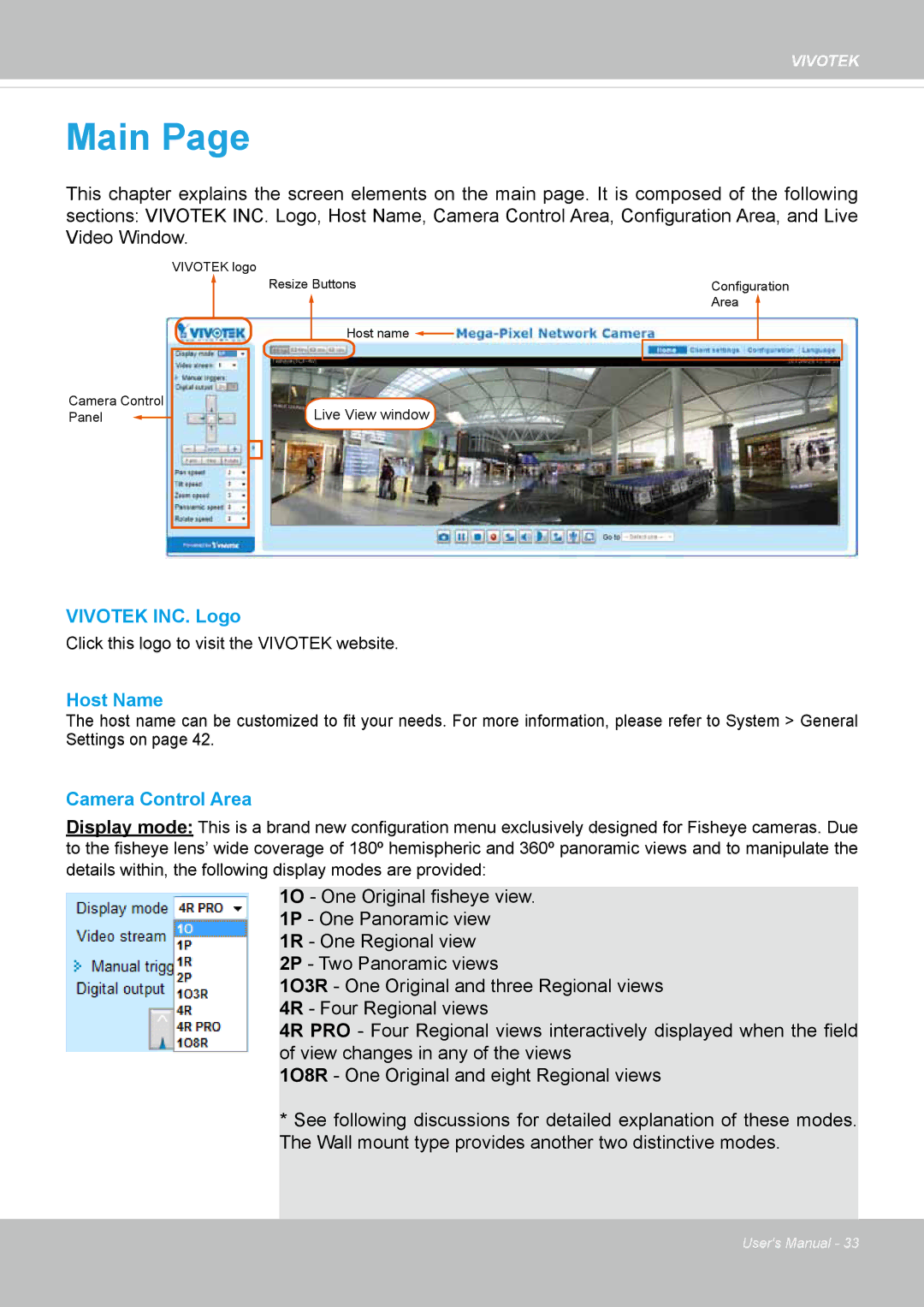 Vivotek SF8172 user manual Vivotek INC. Logo, Host Name, Camera Control Area 