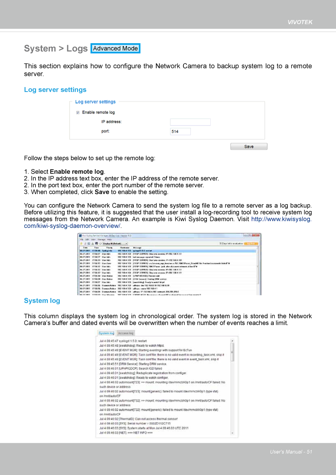 Vivotek SF8172 user manual System Logs, Log server settings, System log 