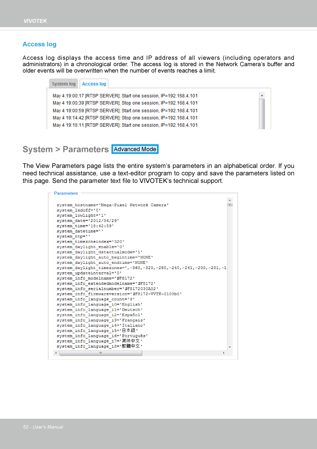 Vivotek SF8172 user manual System Parameters, Access log 