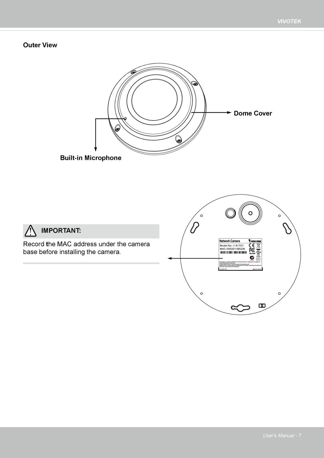 Vivotek SF8172 user manual Outer View Built-in Microphone, Dome Cover 