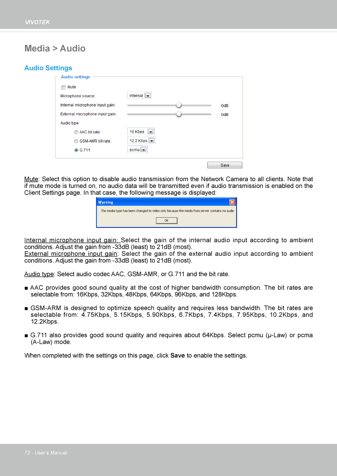 Vivotek SF8172 user manual Media Audio, Audio Settings 