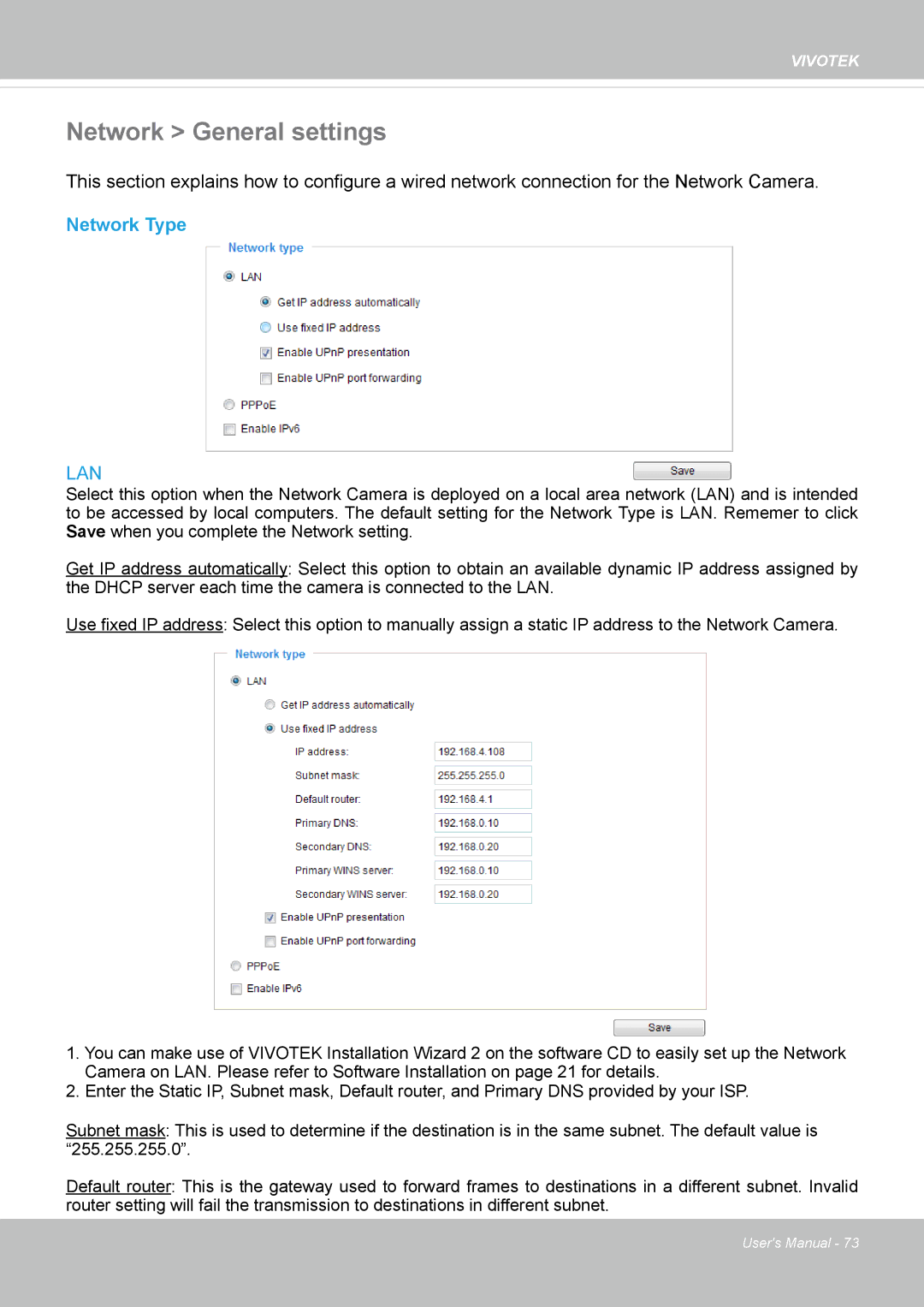 Vivotek SF8172 user manual Network General settings, Network Type 