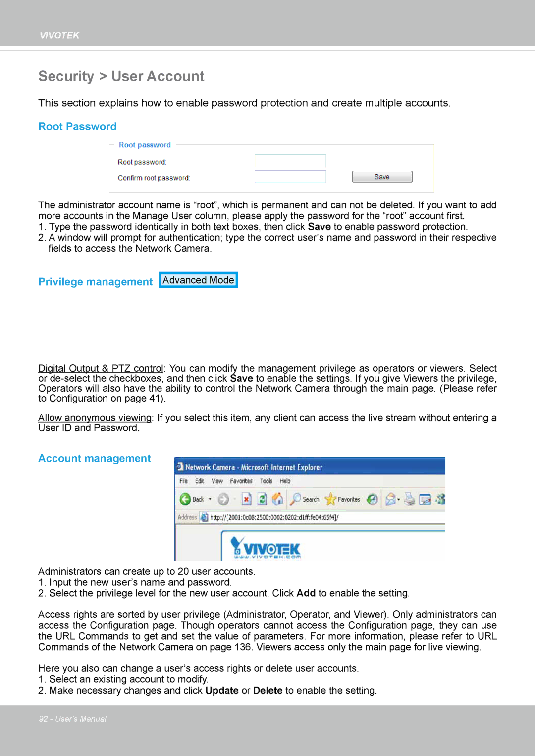 Vivotek SF8172 user manual Security User Account, Root Password, Privilege management, Account management 