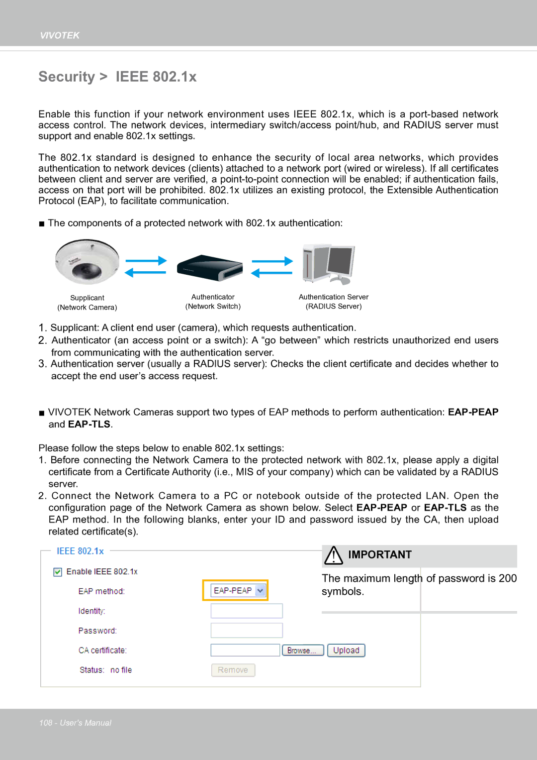 Vivotek SF8174 user manual Security Ieee, Maximum length of password is 200 symbols 