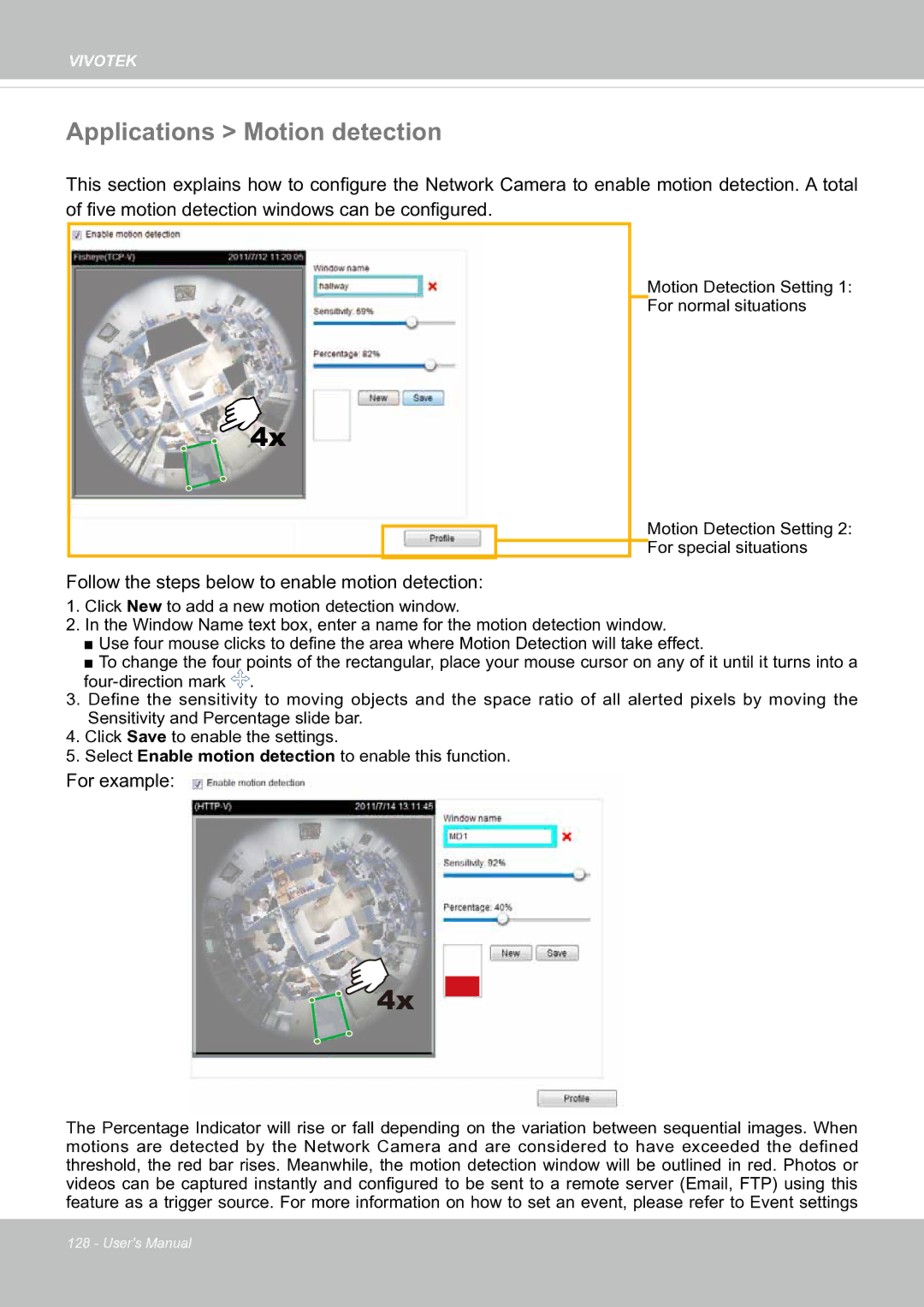 Vivotek SF8174 user manual Applications Motion detection, Follow the steps below to enable motion detection 