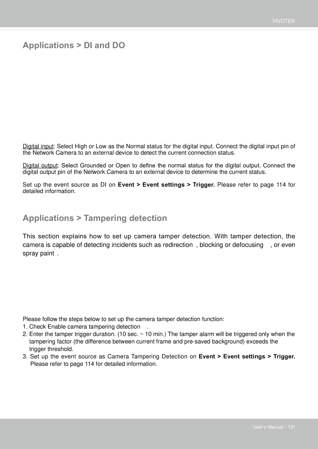 Vivotek SF8174 user manual Applications DI and do, Applications Tampering detection 