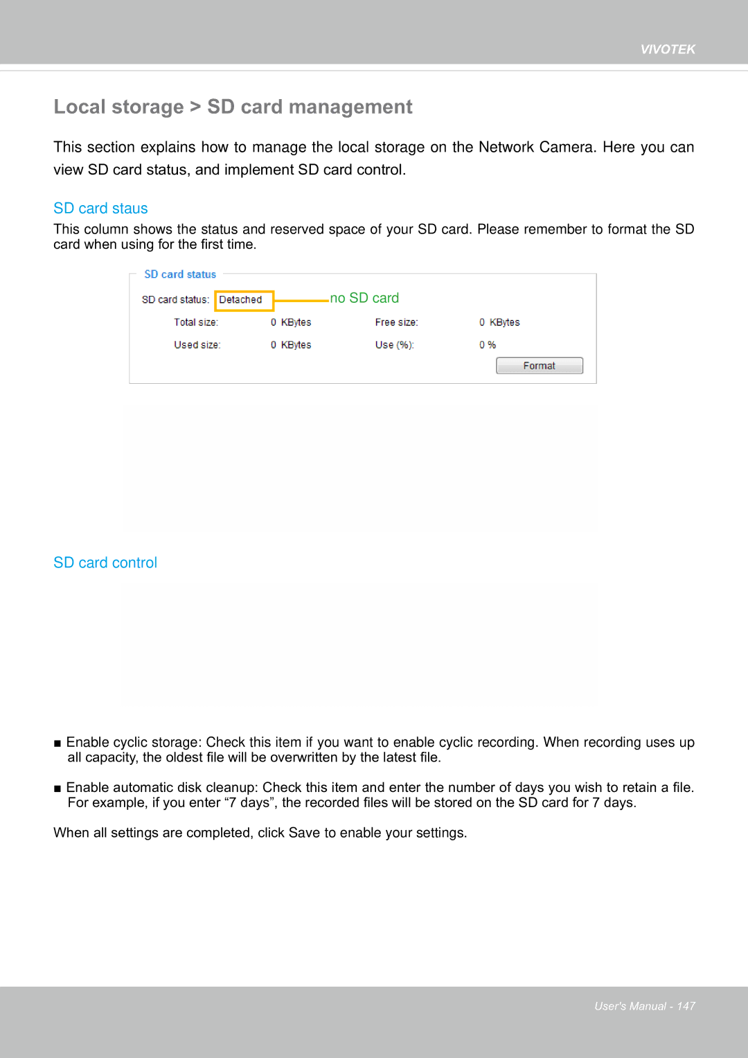 Vivotek SF8174 user manual Local storage SD card management, SD card staus, SD card control 