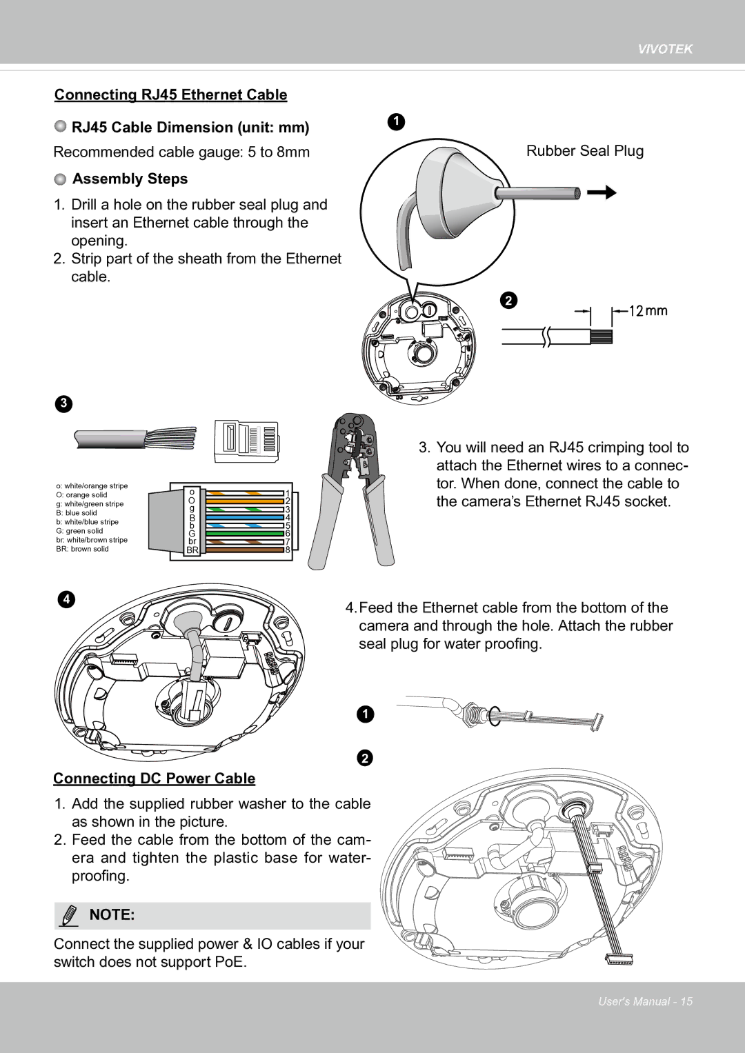 Vivotek SF8174 user manual Connecting RJ45 Ethernet Cable, Assembly Steps, Connecting DC Power Cable 