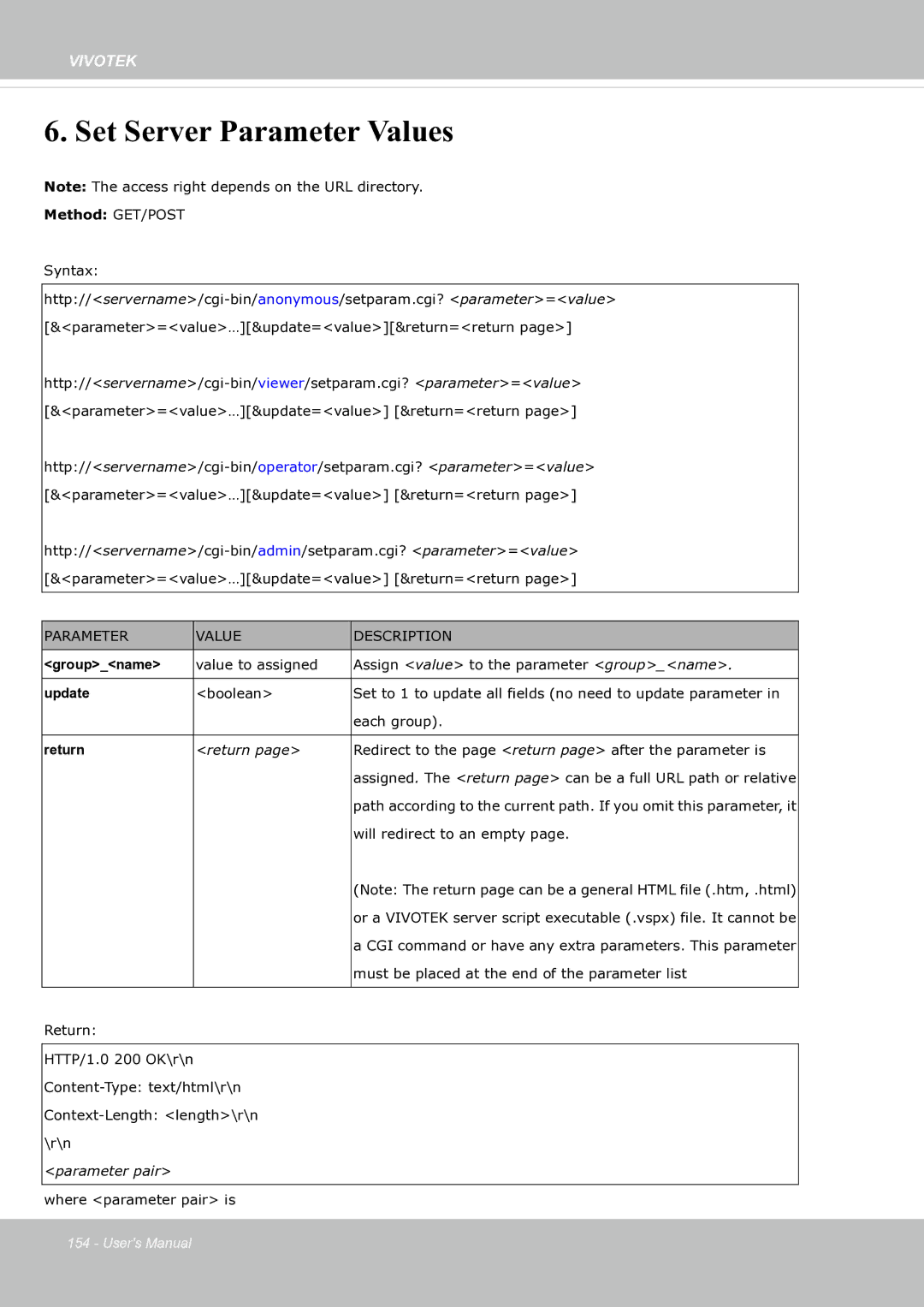 Vivotek SF8174 user manual Set Server Parameter Values 