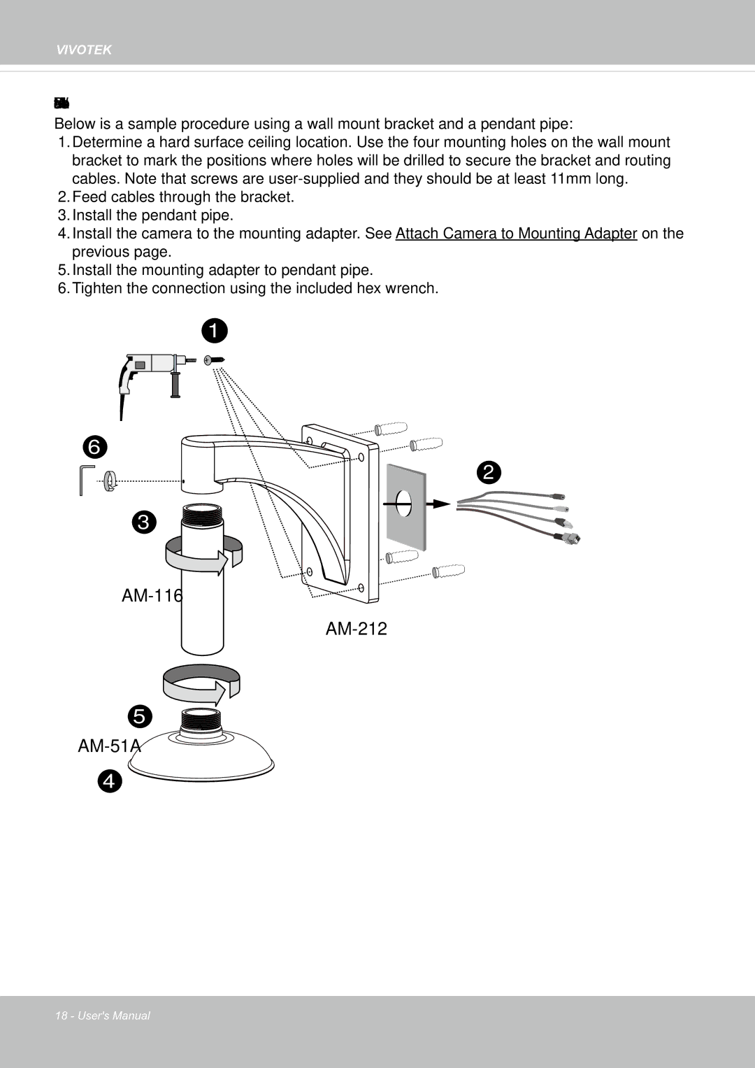 Vivotek SF8174 user manual AM-116 AM-212 AM-51A, Wall Mount Bracket Installation 