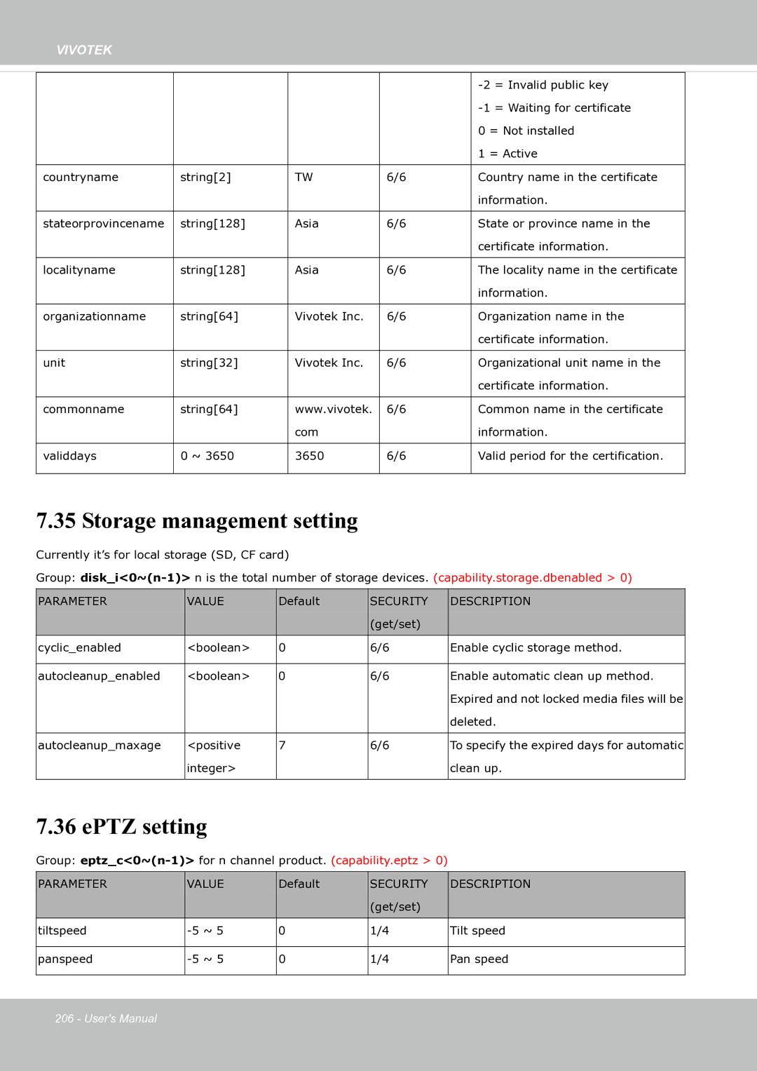 Vivotek SF8174 user manual Storage management setting, EPTZ setting 