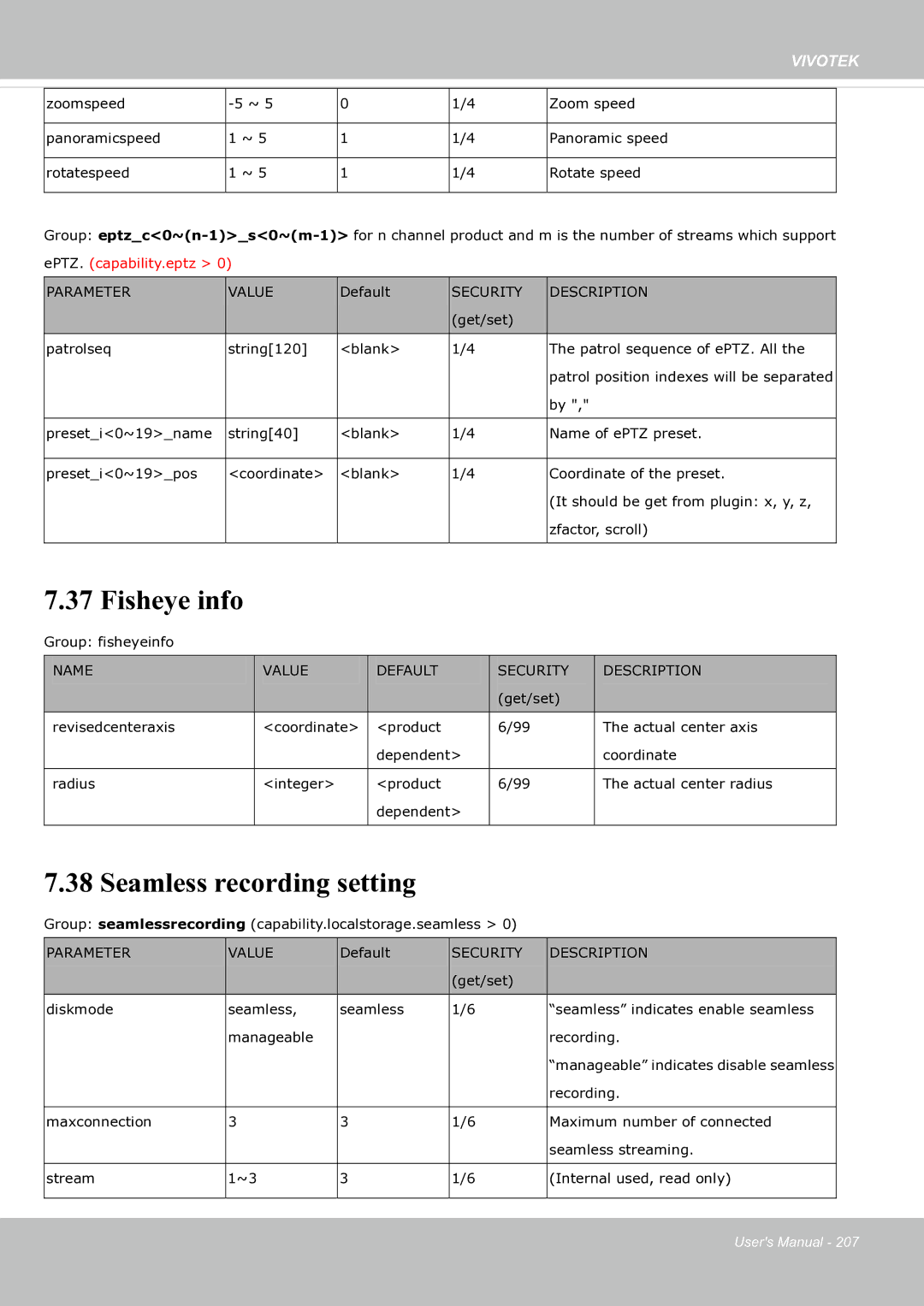 Vivotek SF8174 user manual Fisheye info, Seamless recording setting 