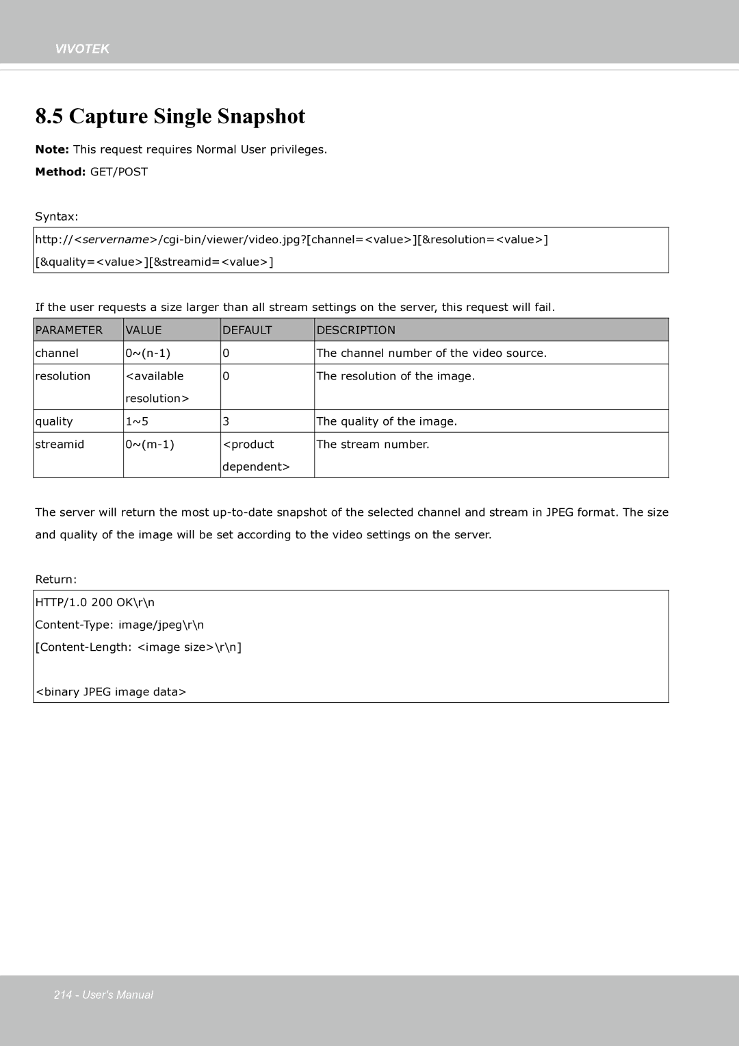 Vivotek SF8174 user manual Capture Single Snapshot, Parameter Value Default Description 