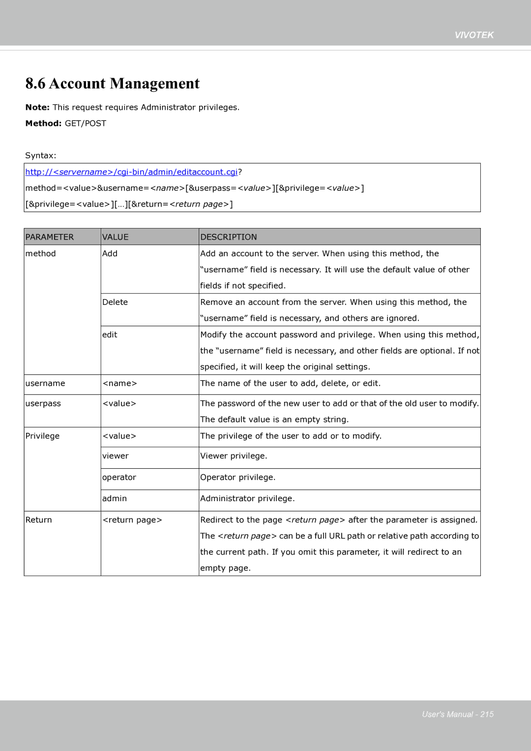 Vivotek SF8174 user manual Account Management 