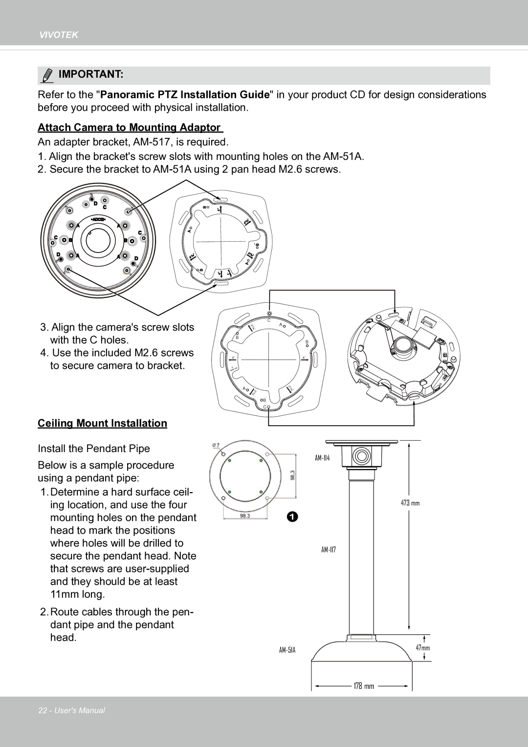 Vivotek SF8174 user manual Attach Camera to Mounting Adaptor, Ceiling Mount Installation 