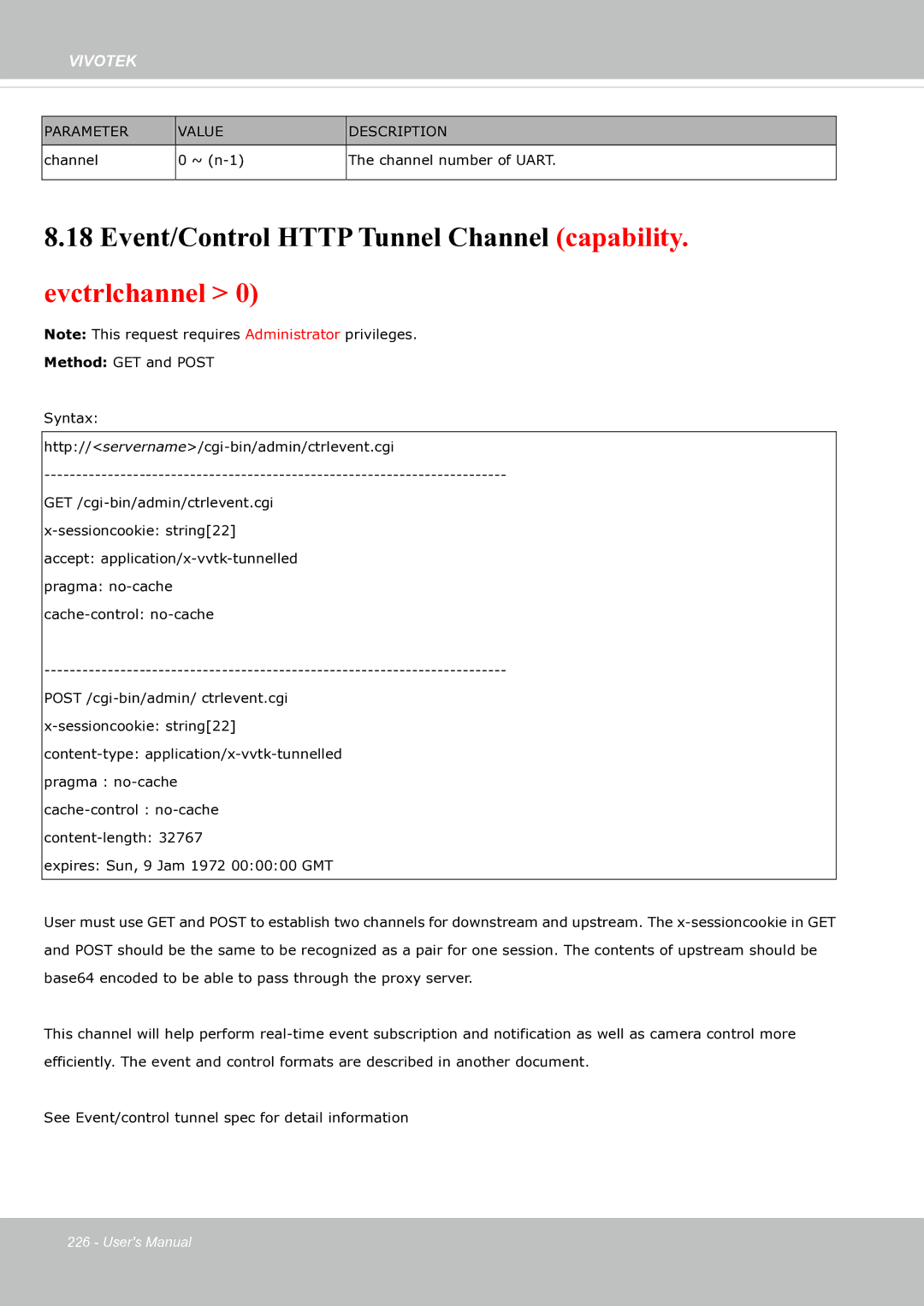 Vivotek SF8174 user manual Event/Control Http Tunnel Channel capability. evctrlchannel 