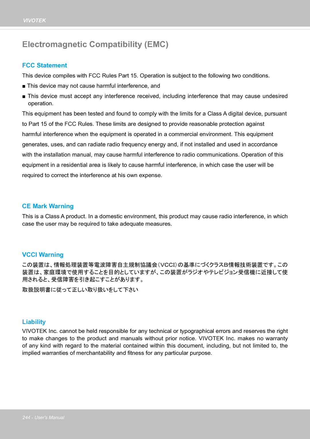 Vivotek SF8174 user manual Electromagnetic Compatibility EMC, FCC Statement, CE Mark Warning, Vcci Warning, Liability 