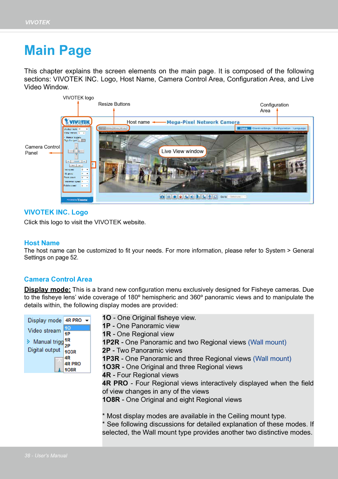 Vivotek SF8174 user manual Vivotek INC. Logo, Host Name, Camera Control Area 