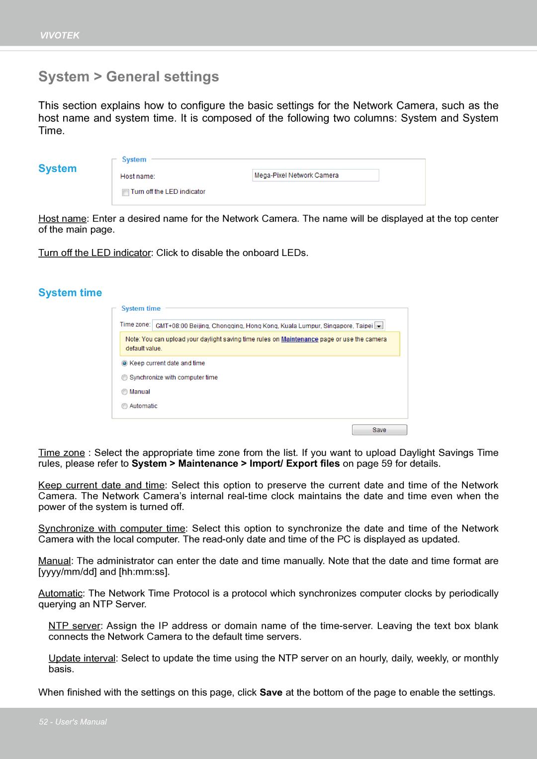 Vivotek SF8174 user manual System General settings, System time 