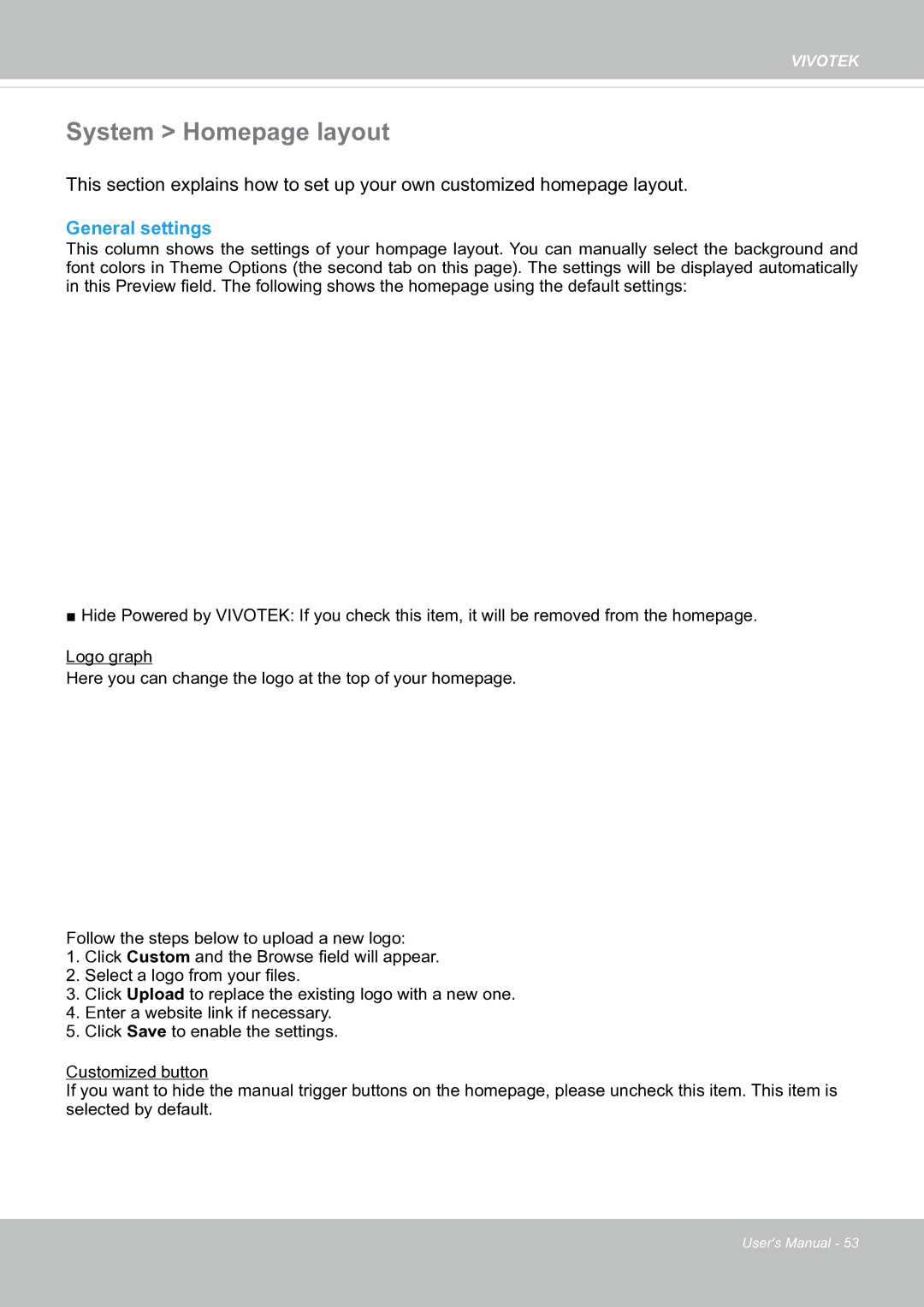 Vivotek SF8174 user manual System Homepage layout, General settings 