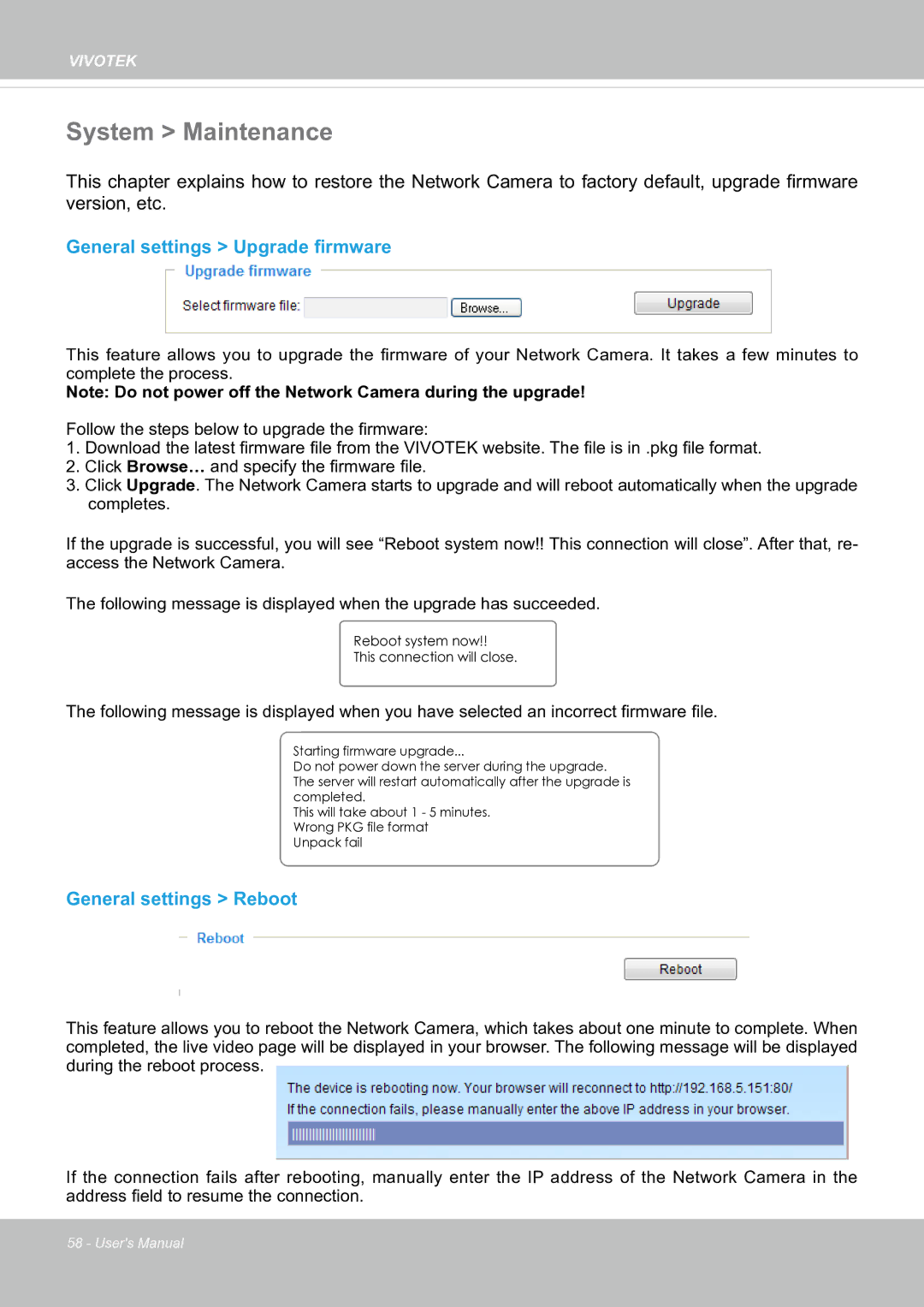 Vivotek SF8174 user manual System Maintenance, General settings Upgrade firmware, General settings Reboot 