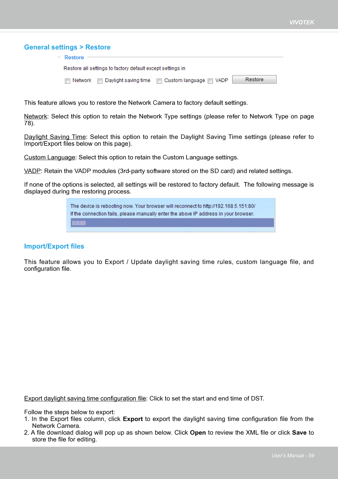 Vivotek SF8174 user manual General settings Restore, Import/Export files 