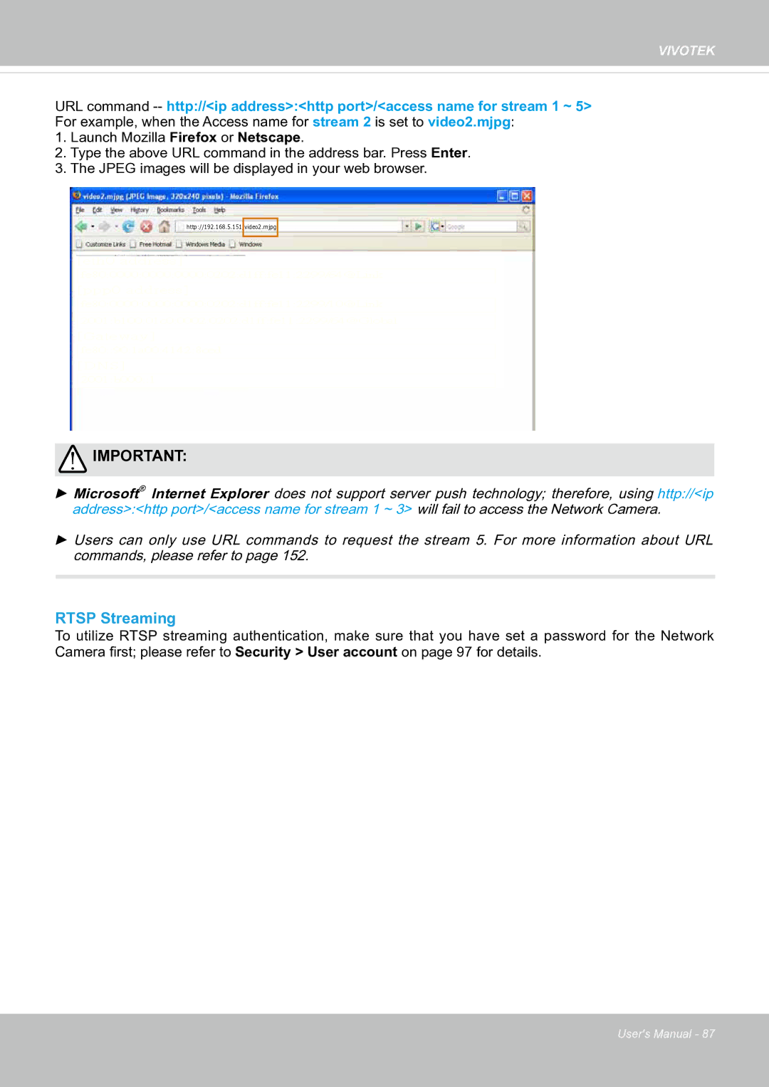 Vivotek SF8174 user manual Rtsp Streaming 