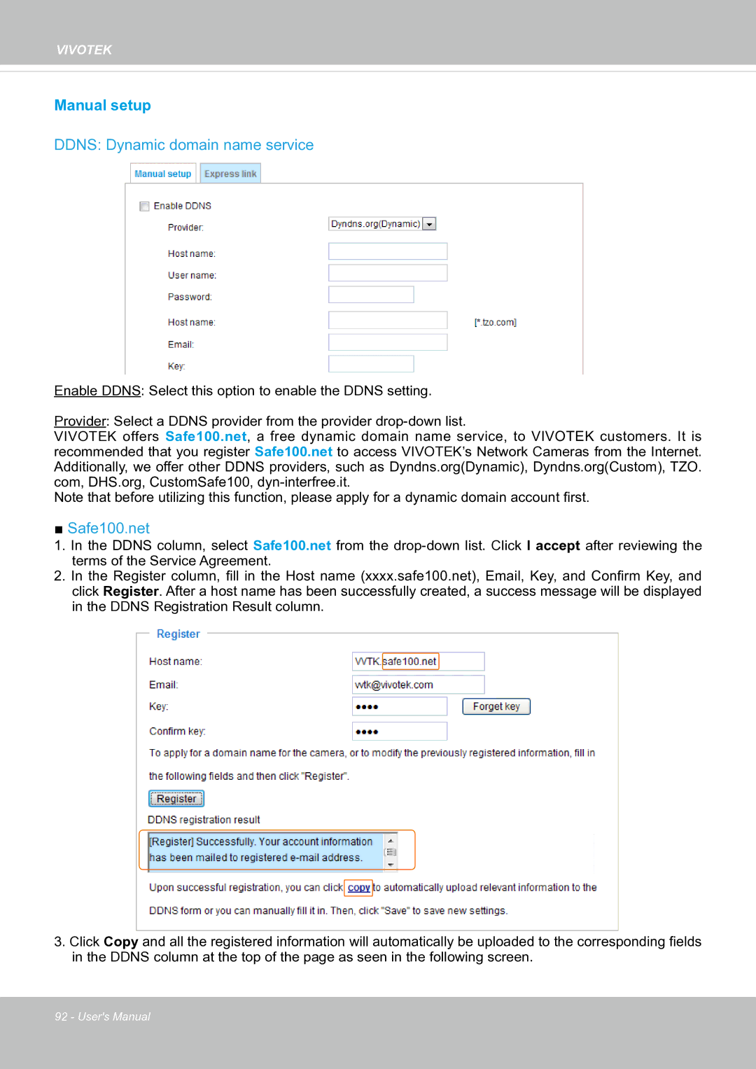 Vivotek SF8174 user manual Manual setup, Ddns Dynamic domain name service 