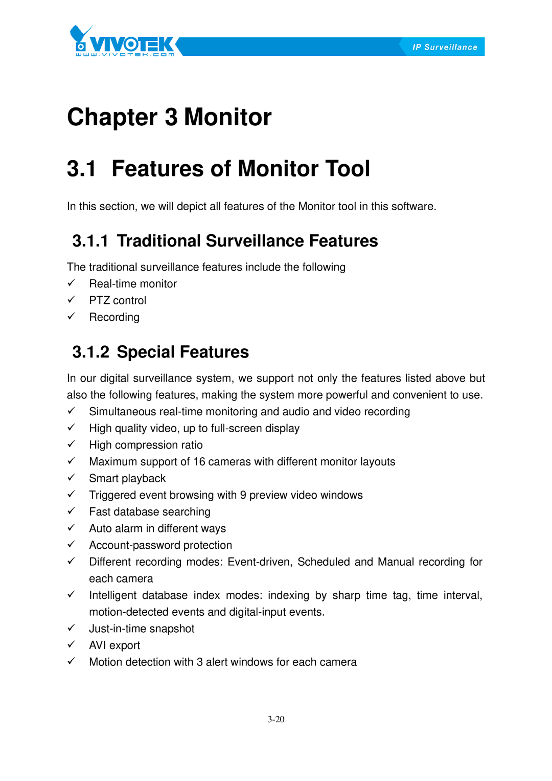 Vivotek ST3402 user manual Features10Bof Monitor Tool, Traditional30BSurveillance Features, Special31BFeatures 