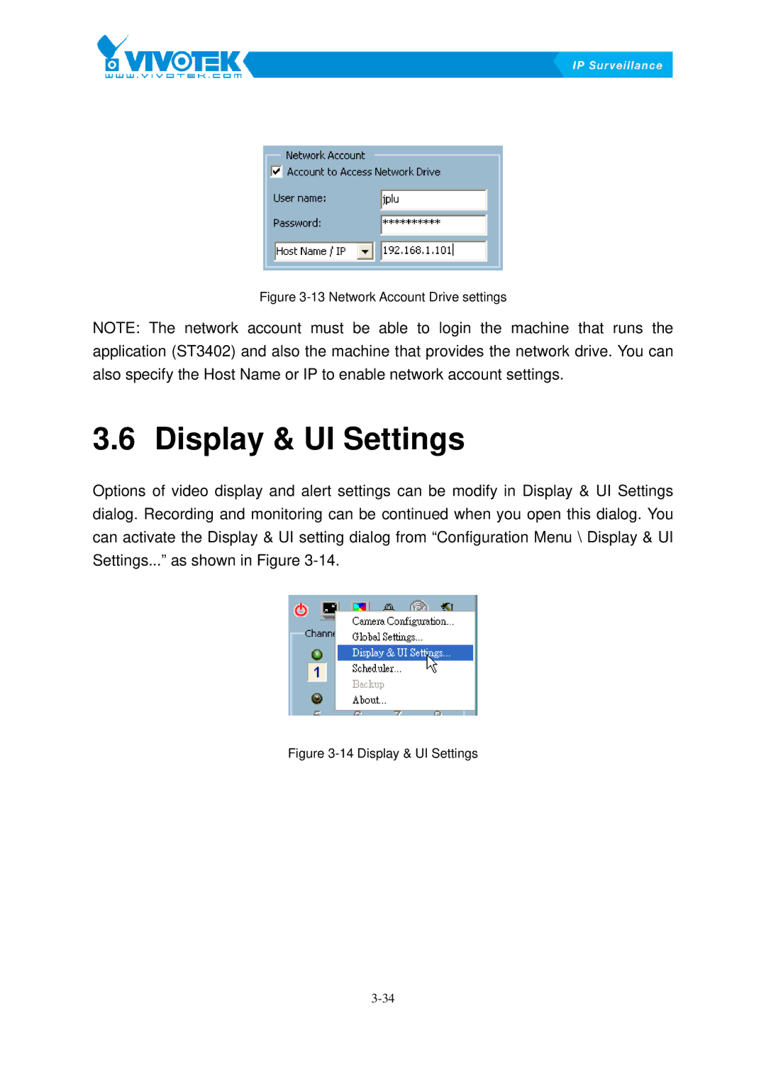 Vivotek ST3402 user manual Display15B& UI Settings, Network Account Drive settings 