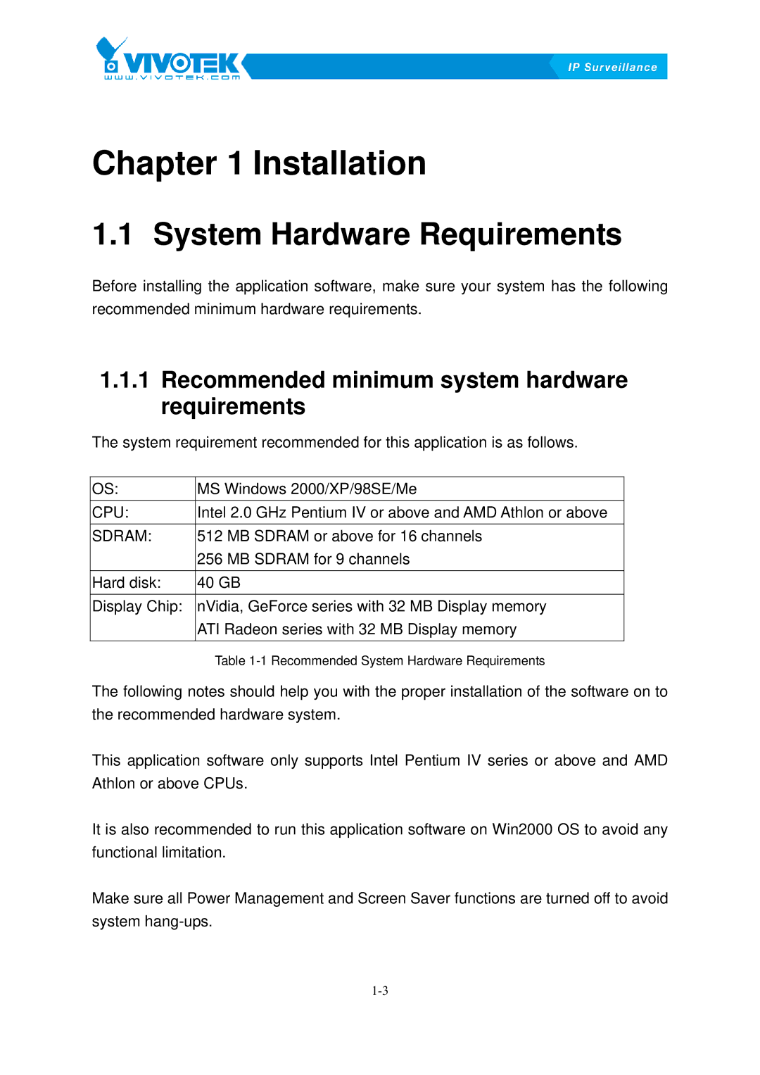 Vivotek ST3402 user manual System5BHardware Requirements, Recommended28Bminimum system hardware requirements 