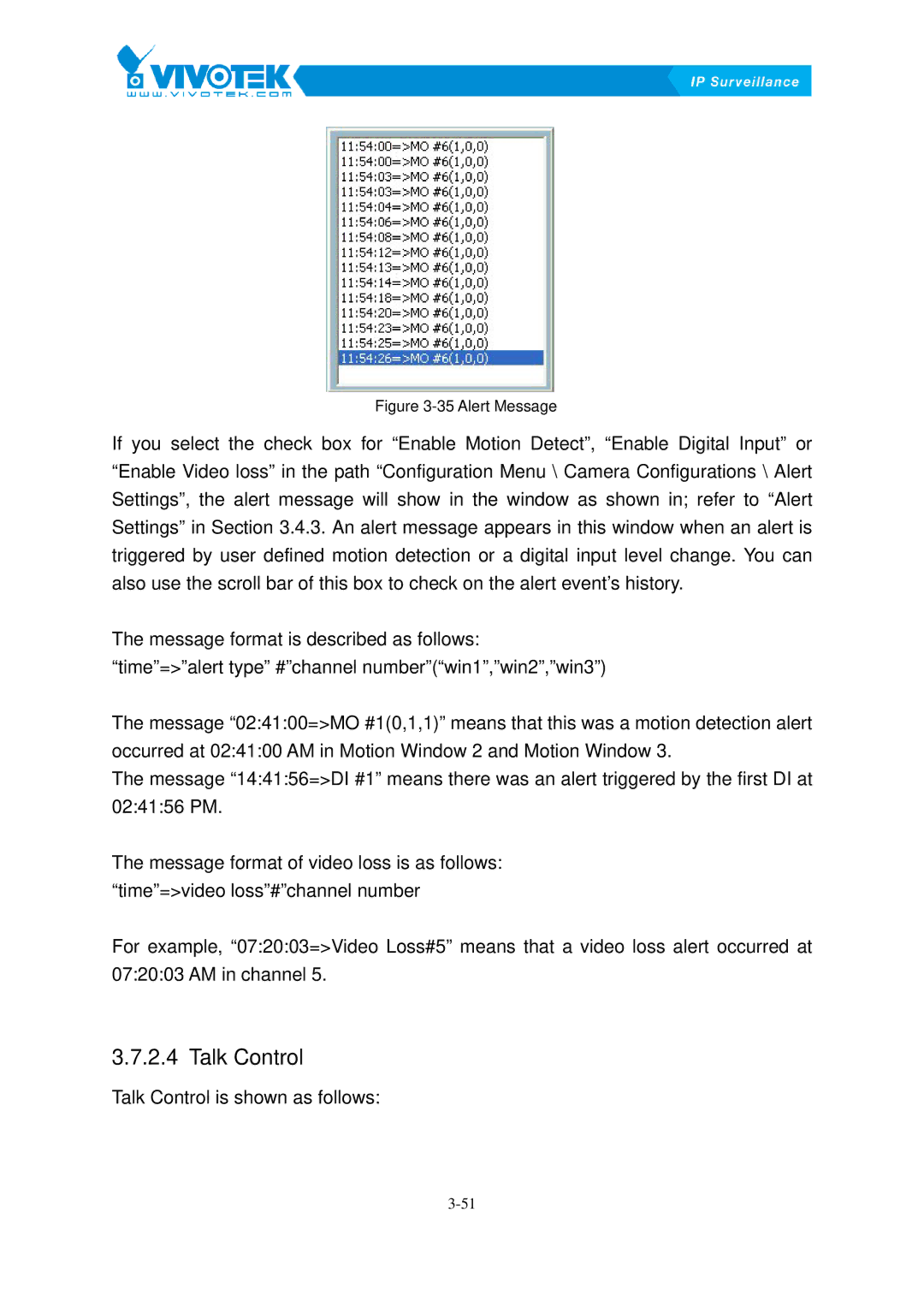 Vivotek ST3402 user manual Talk72BControl, Alert Message 