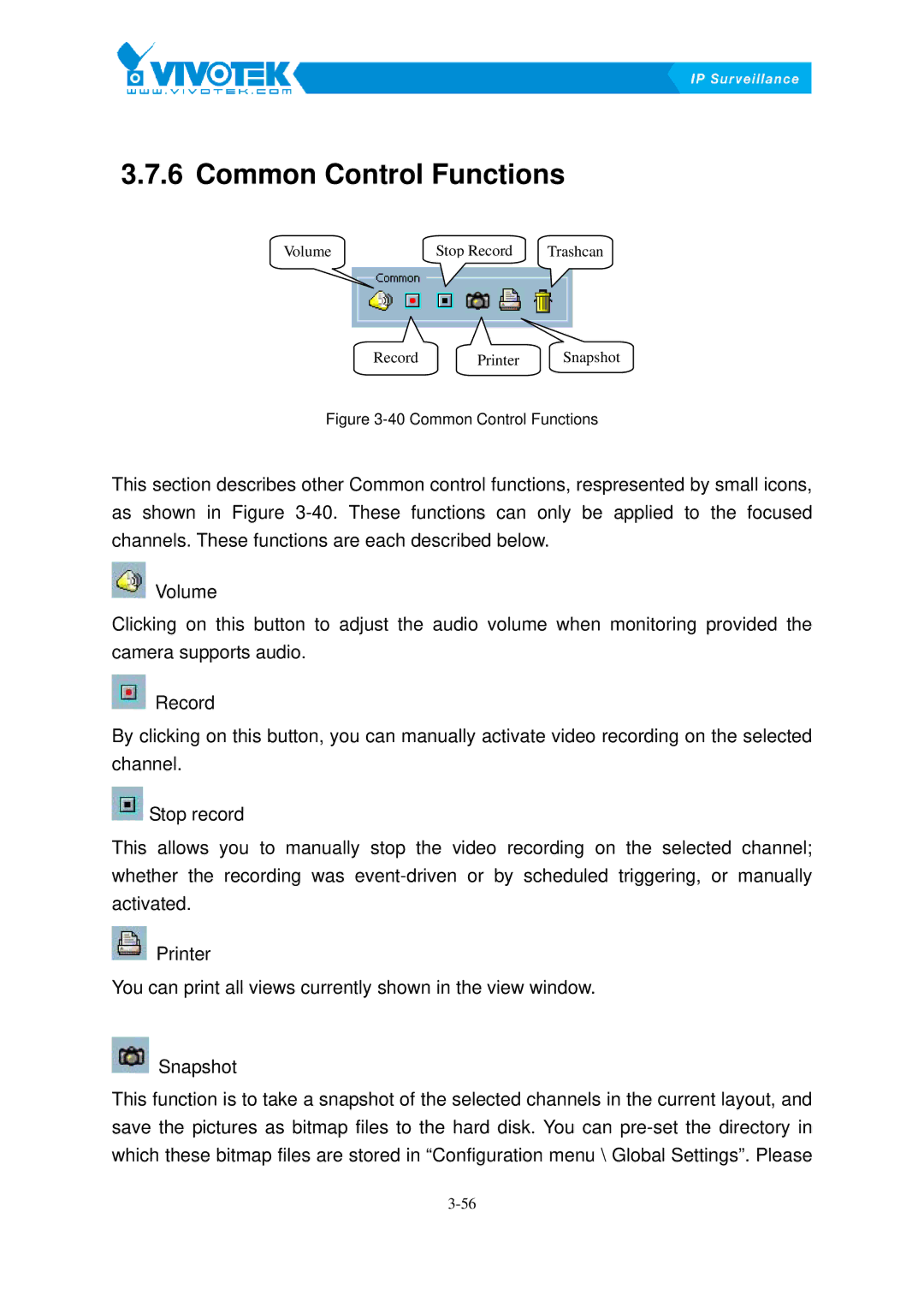 Vivotek ST3402 user manual Common43BControl Functions, Common Control Functions 