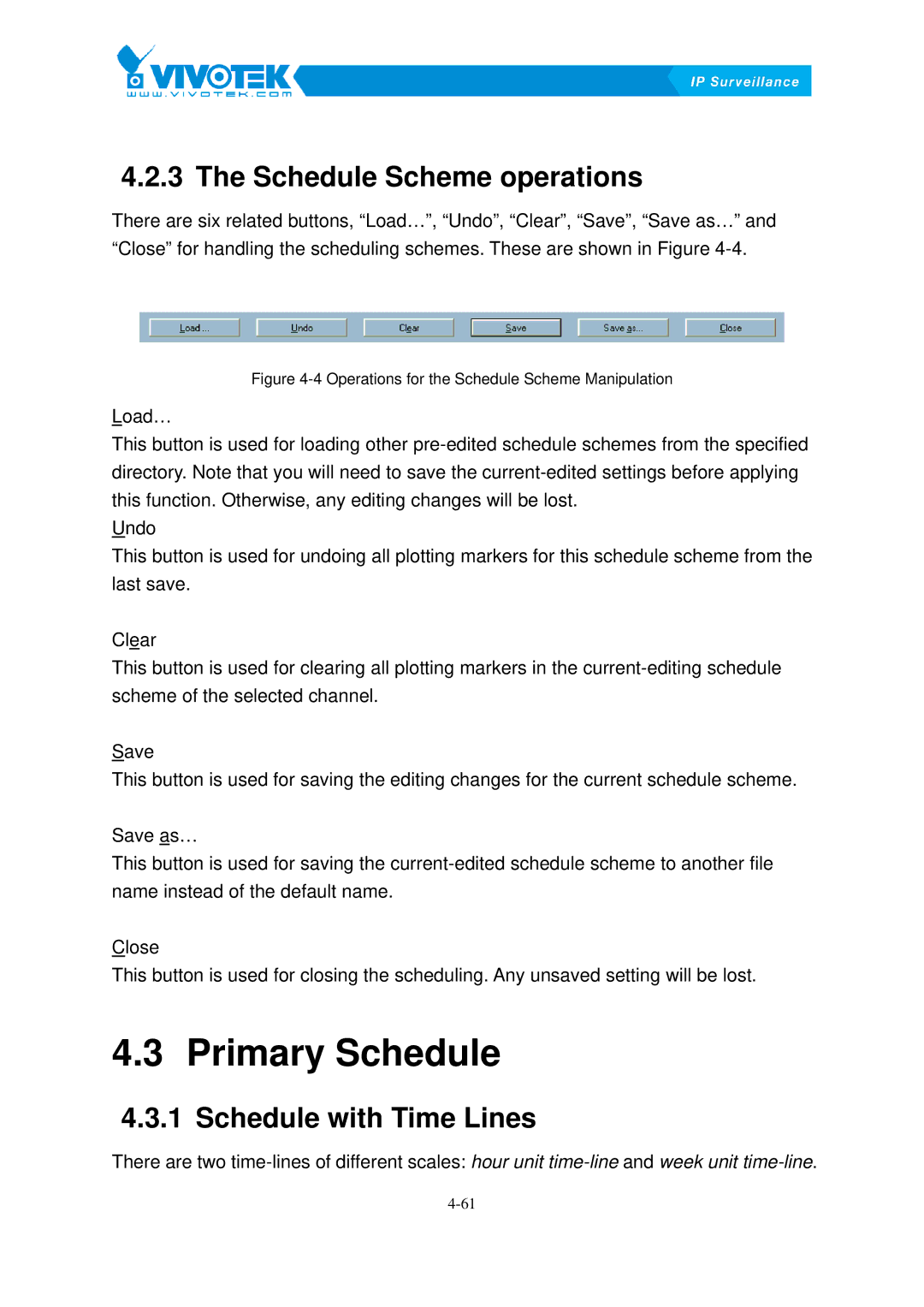 Vivotek ST3402 user manual Primary19BSchedule, 3 The49BSchedule Scheme operations, Schedule50Bwith Time Lines 