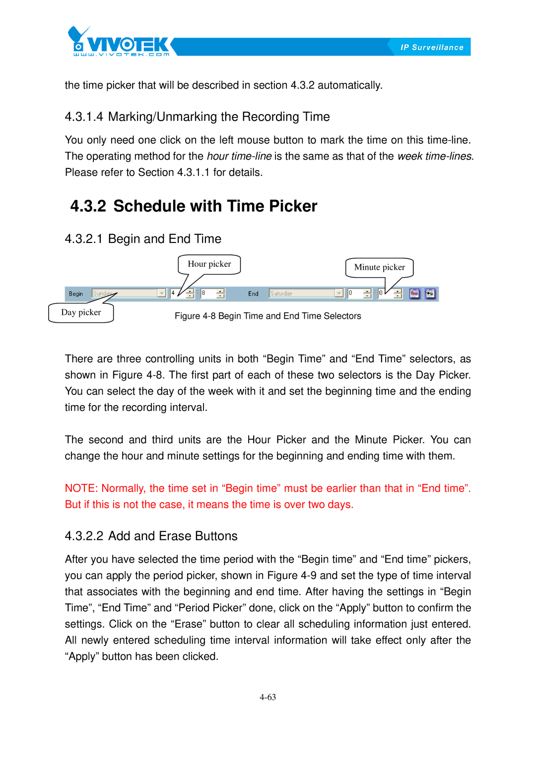 Vivotek ST3402 user manual Schedule51Bwith Time Picker, Marking/Unmarking76Bthe Recording Time, Begin77Band End Time 