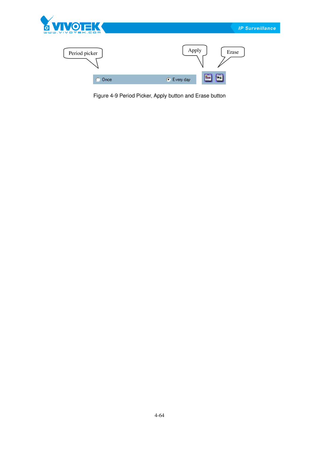 Vivotek ST3402 user manual Period Picker, Apply button and Erase button 