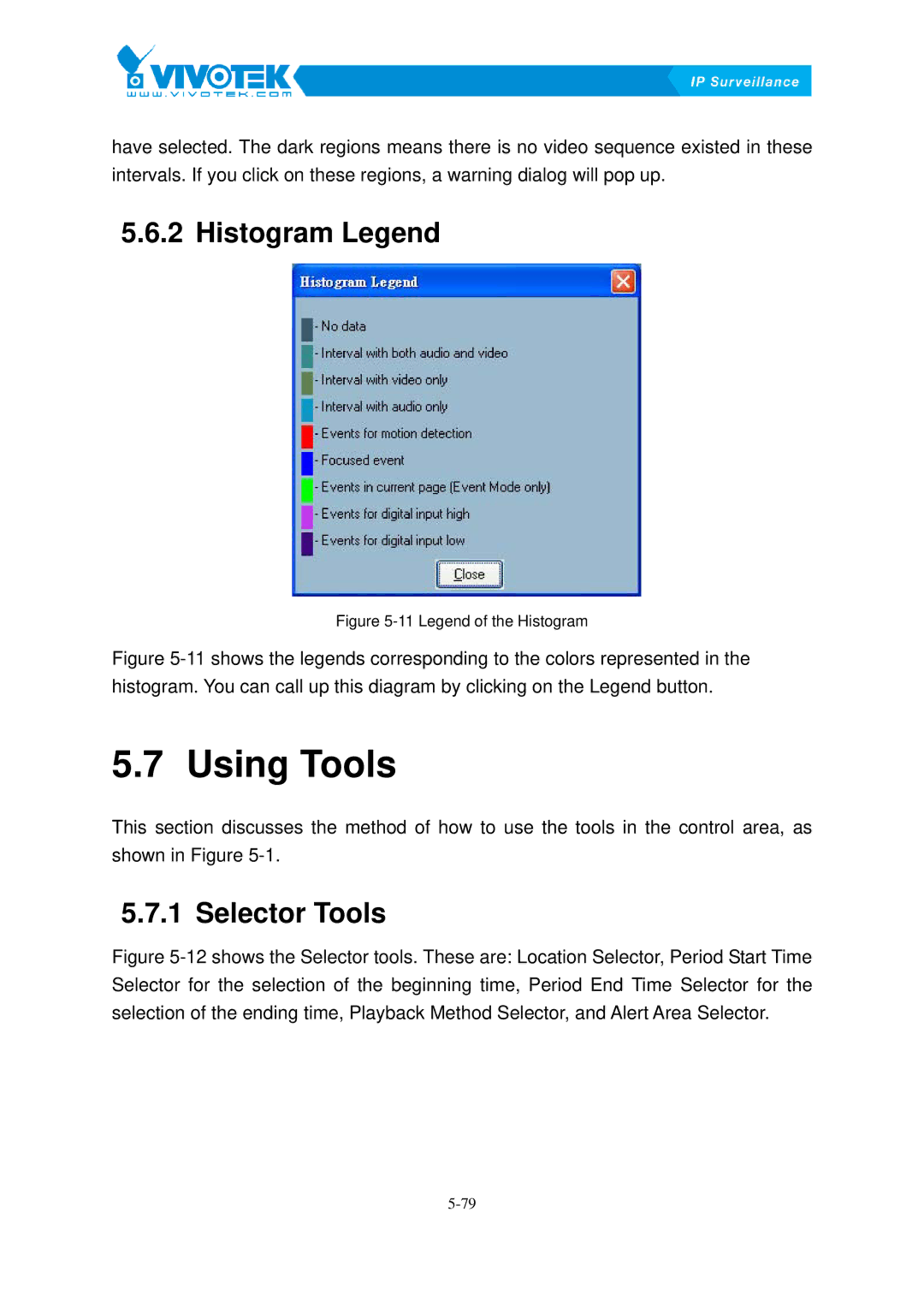 Vivotek ST3402 user manual Using27BTools, Histogram60BLegend, Selector61BTools 