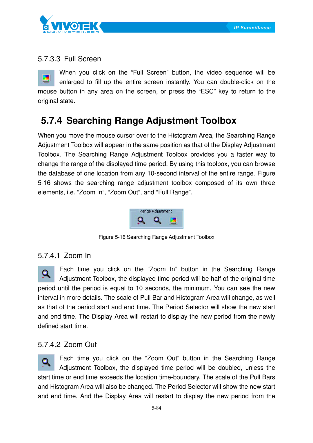 Vivotek ST3402 user manual Searching64BRange Adjustment Toolbox, Full Screen, Zoom94BIn, Zoom95BOut 