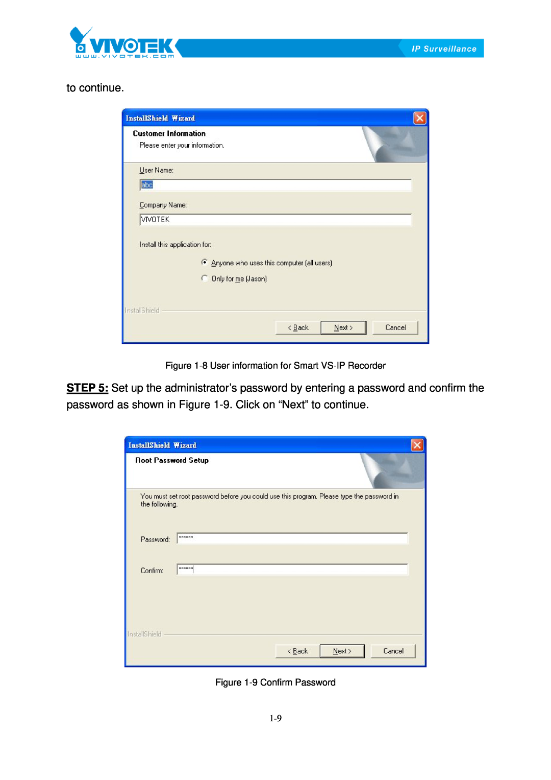 Vivotek ST3402 user manual password as shown in FigureX1-9.XClick on “Next” to continue, 9 Confirm Password 