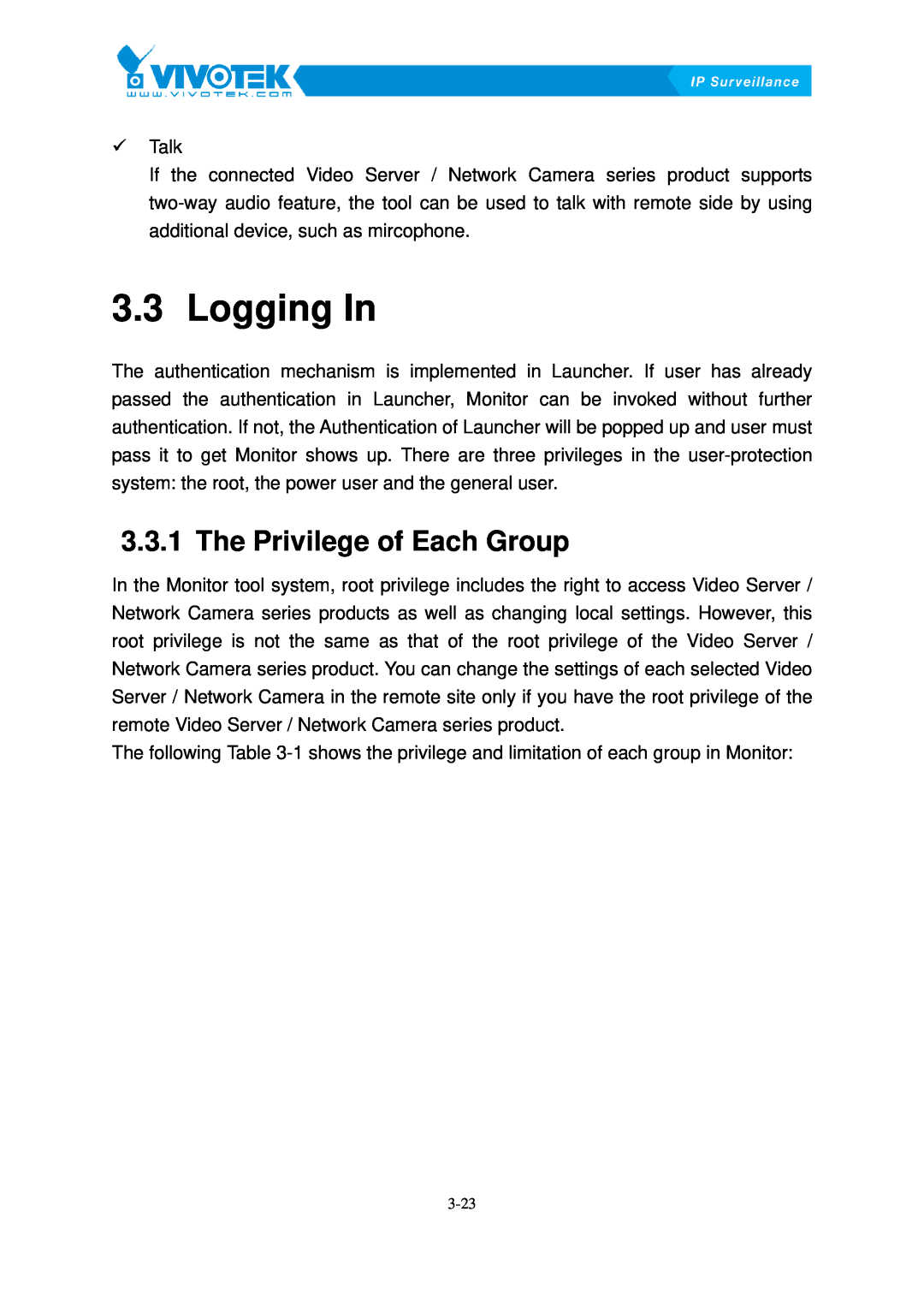 Vivotek ST3402 user manual Logging12BIn, 3.3.1 The32BPrivilege of Each Group 