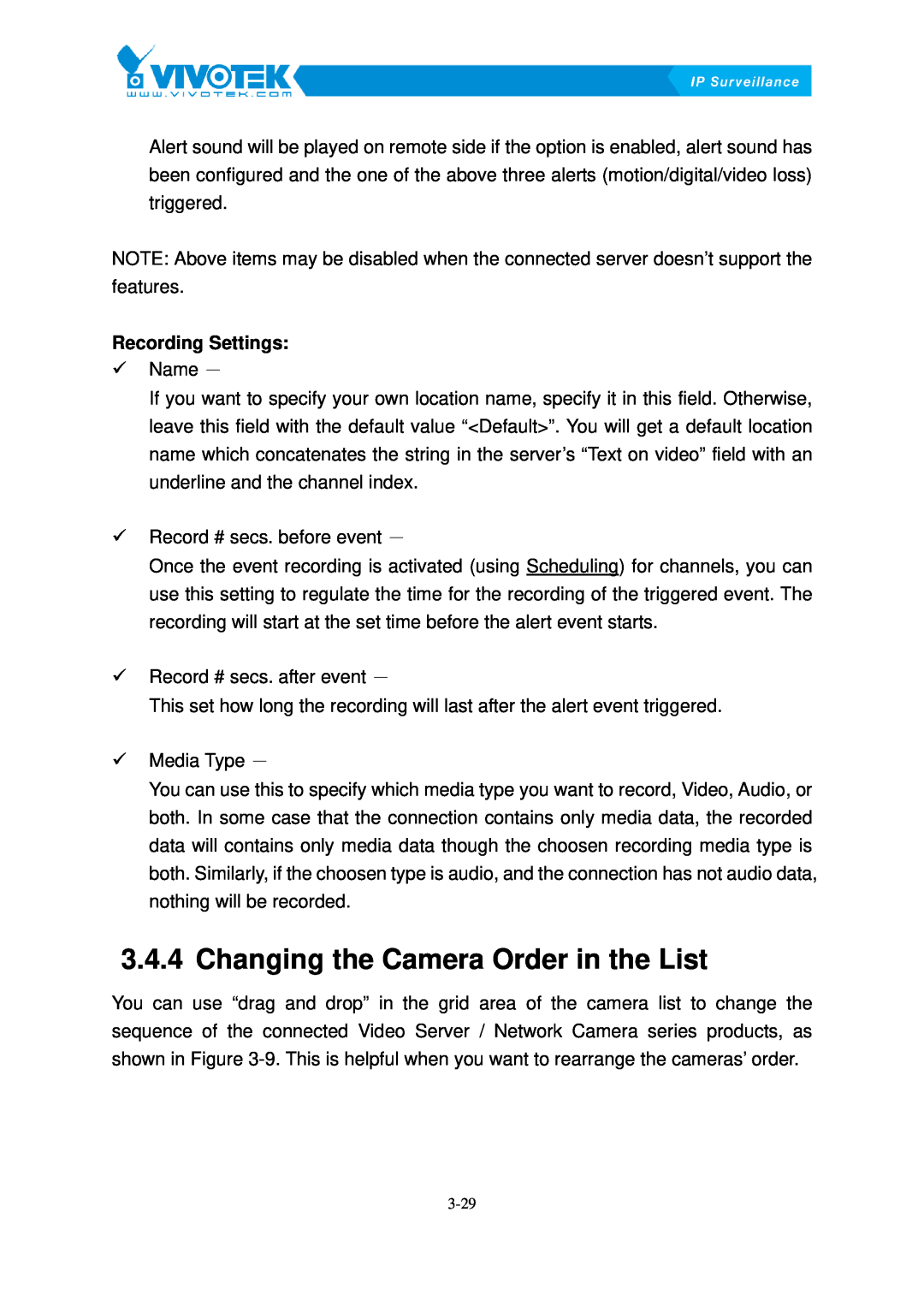 Vivotek ST3402 user manual Changing36Bthe Camera Order in the List, Recording Settings 