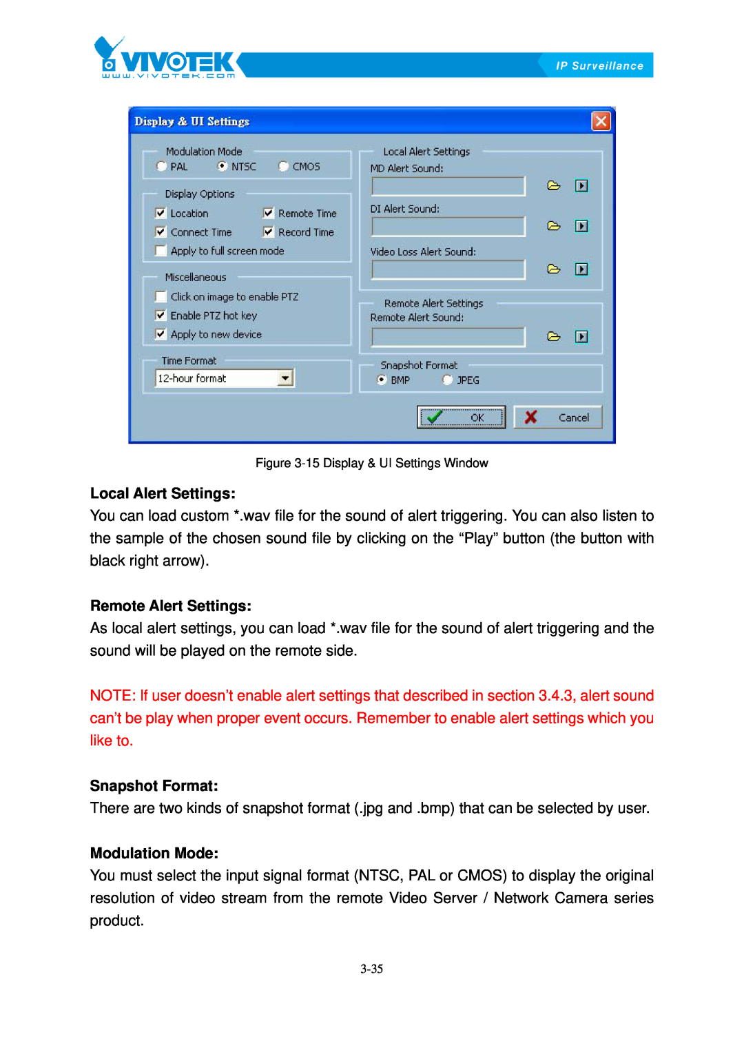 Vivotek ST3402 user manual Local Alert Settings, Remote Alert Settings, Snapshot Format, Modulation Mode 
