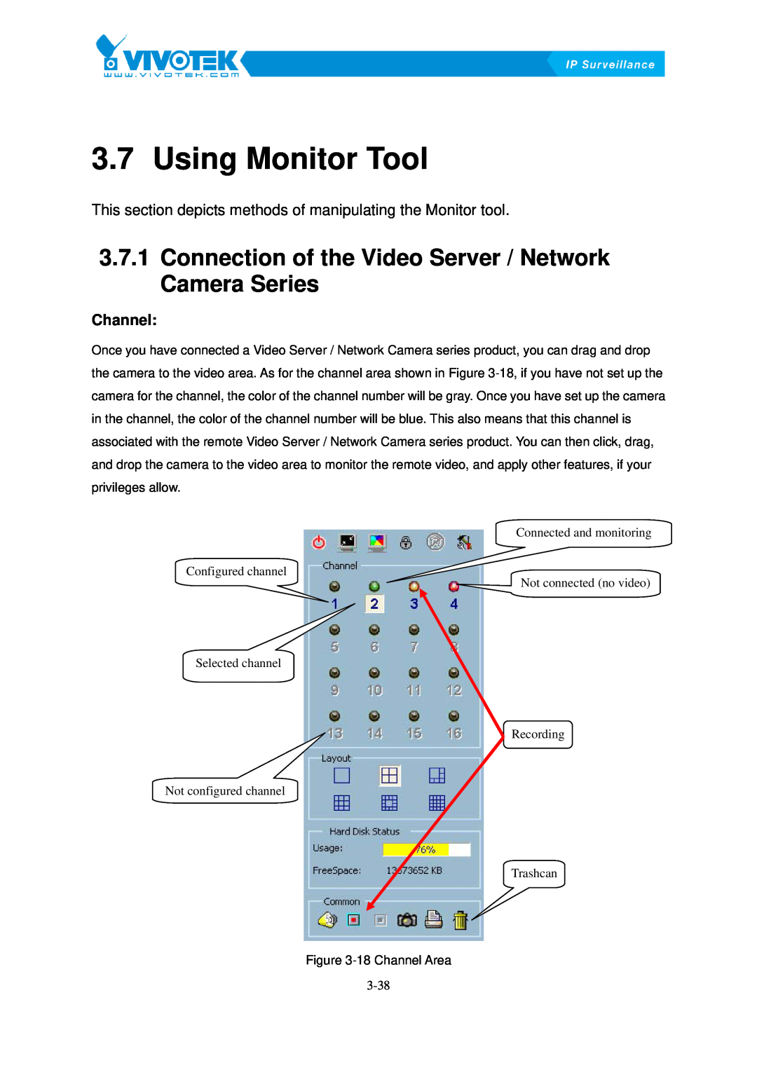 Vivotek ST3402 user manual Using16BMonitor Tool, Connection38Bof the Video Server / Network Camera Series, Channel 