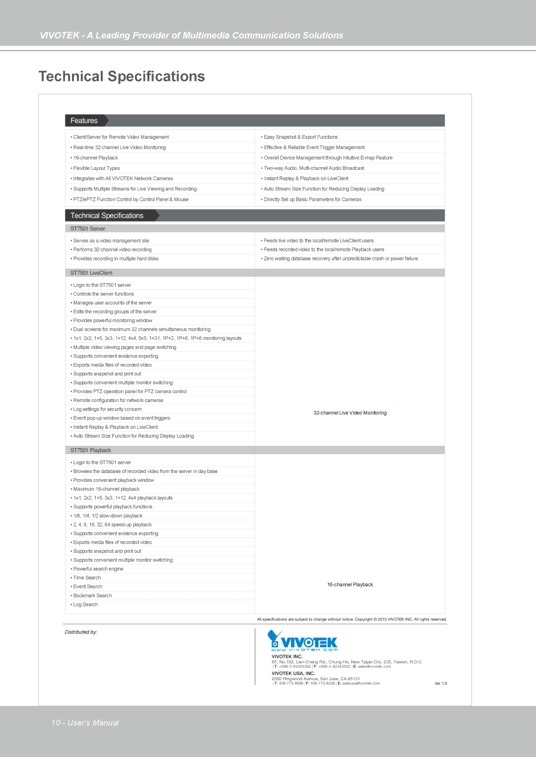 Vivotek st501 user manual Technical Specifications, Features 