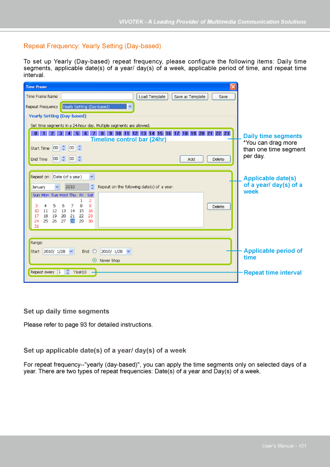 Vivotek st501 user manual Repeat Frequency Yearly Setting Day-based, Set up applicable dates of a year/ days of a week 