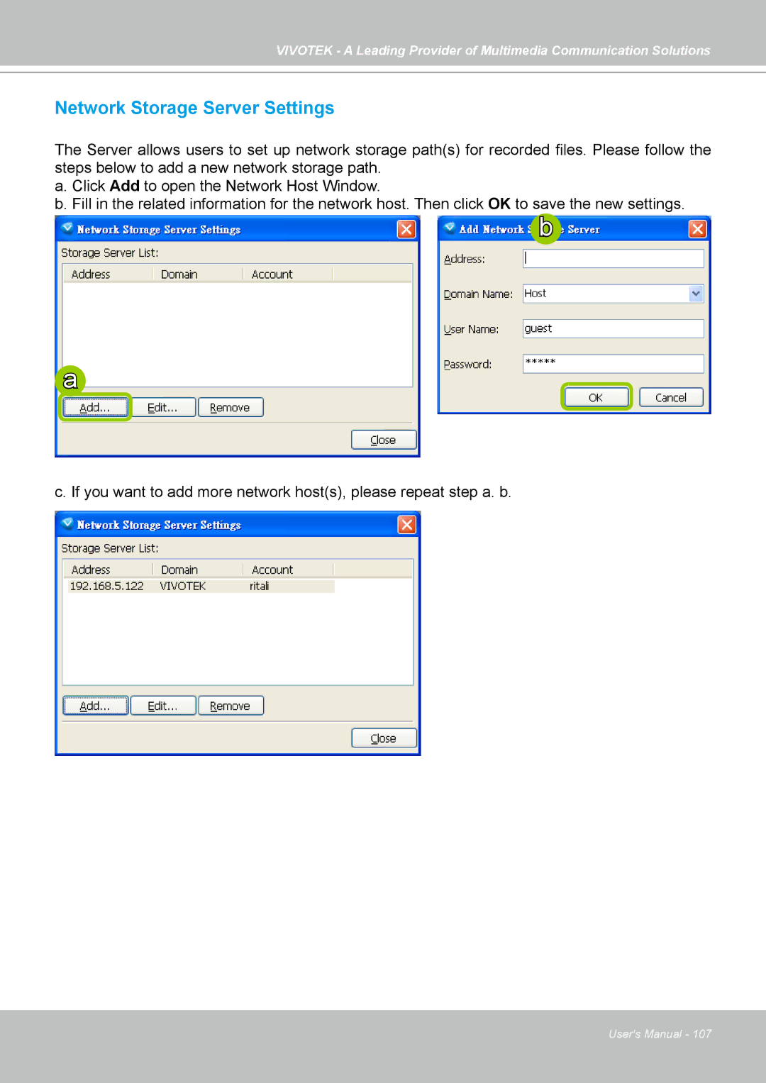 Vivotek st501 user manual Network Storage Server Settings 